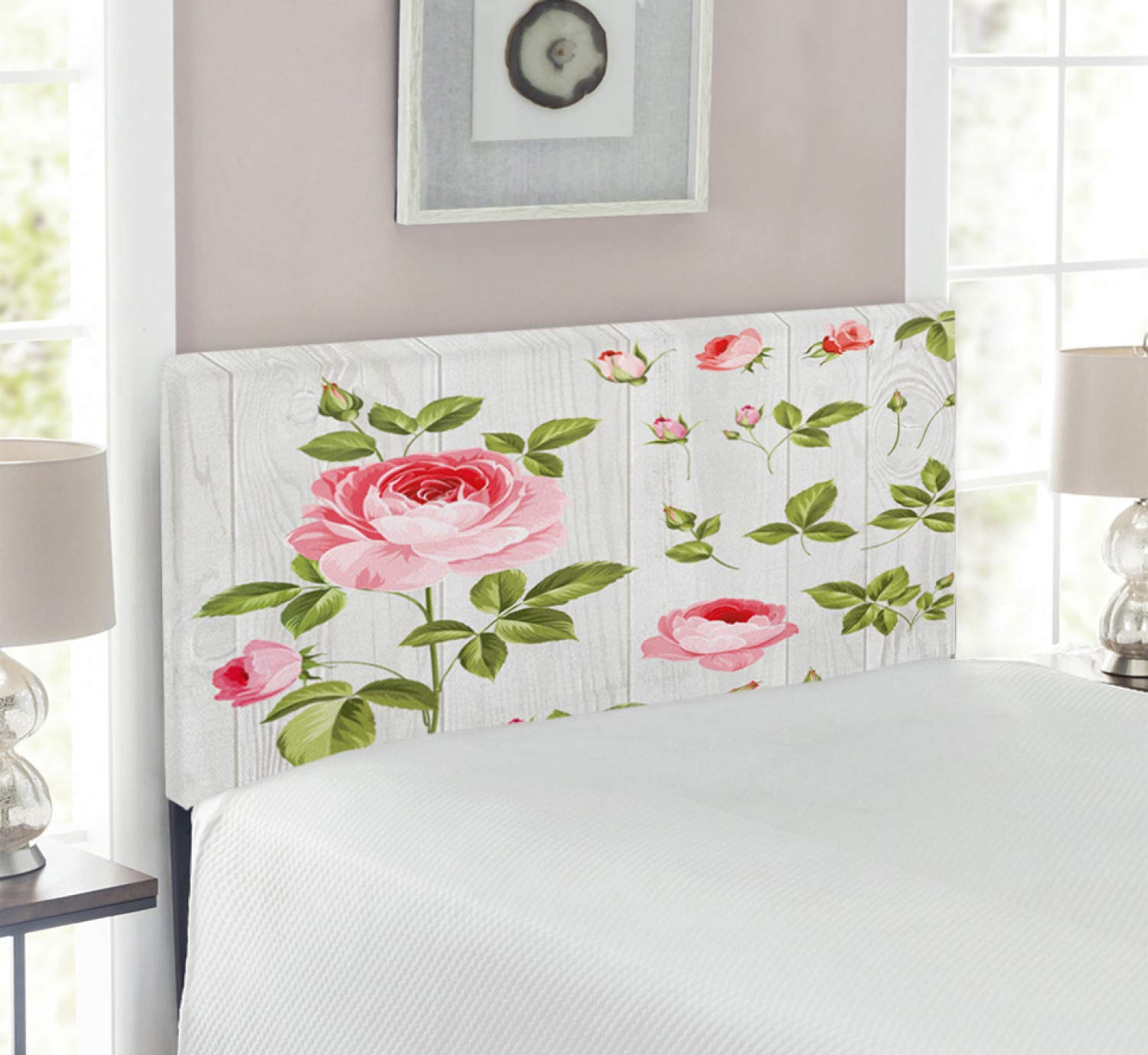 Ambesonne Floral Headboard - Vintage Rose Petals Wooden Background Upholstered Metal Bed Frame with Memory Foam | Twin Size Pale Pink Khaki | Perfect for Bedroom Decor, Wedding Romance & Guest Room Styling