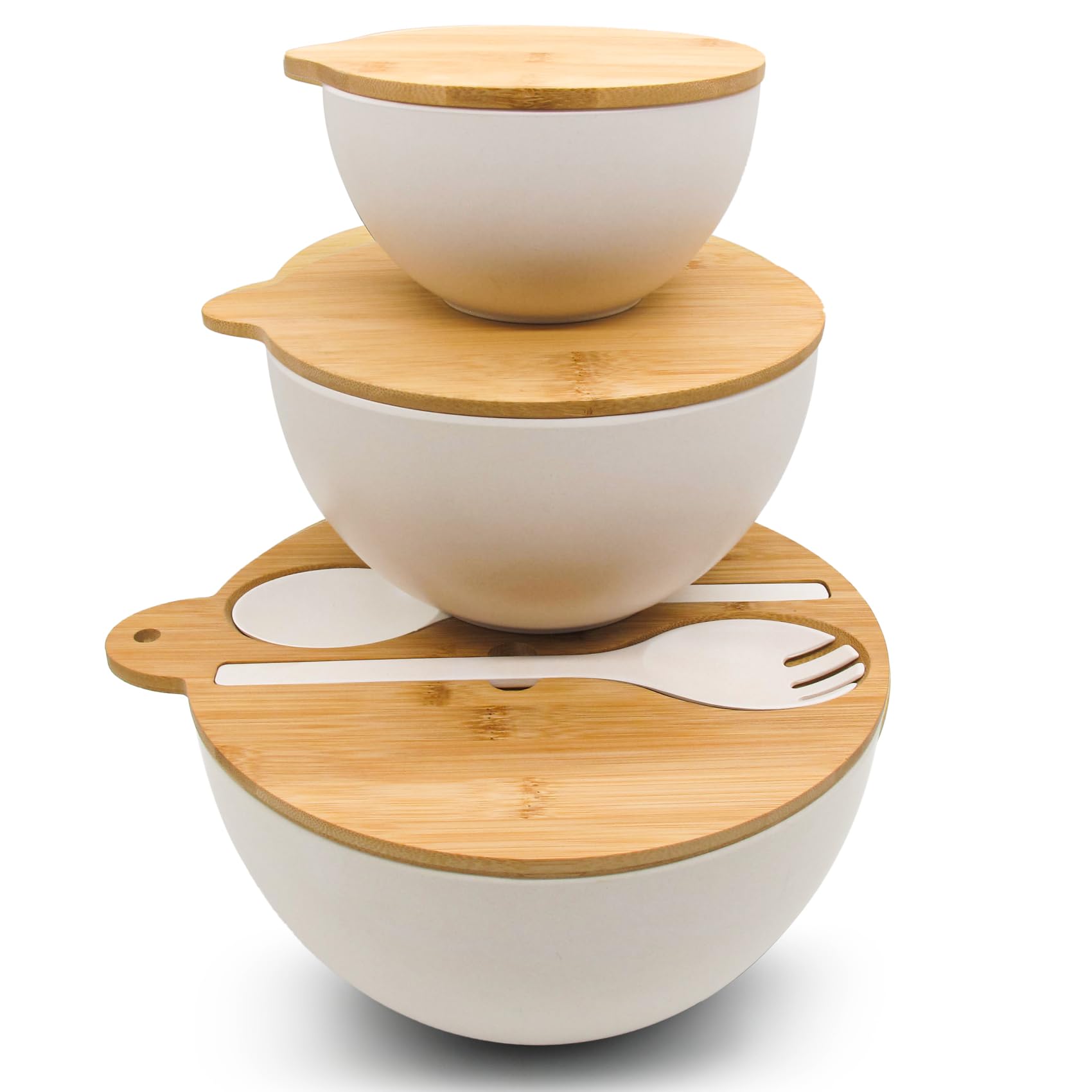 3-Piece Bamboo Fiber Salad Bowl Set with Seal Lid & Serving Utensils - Large Mixing Bowls for Kitchen, Pasta, Popcorn, Fruit | Perfect for Meal Prep, Entertaining & Food Storage (White)