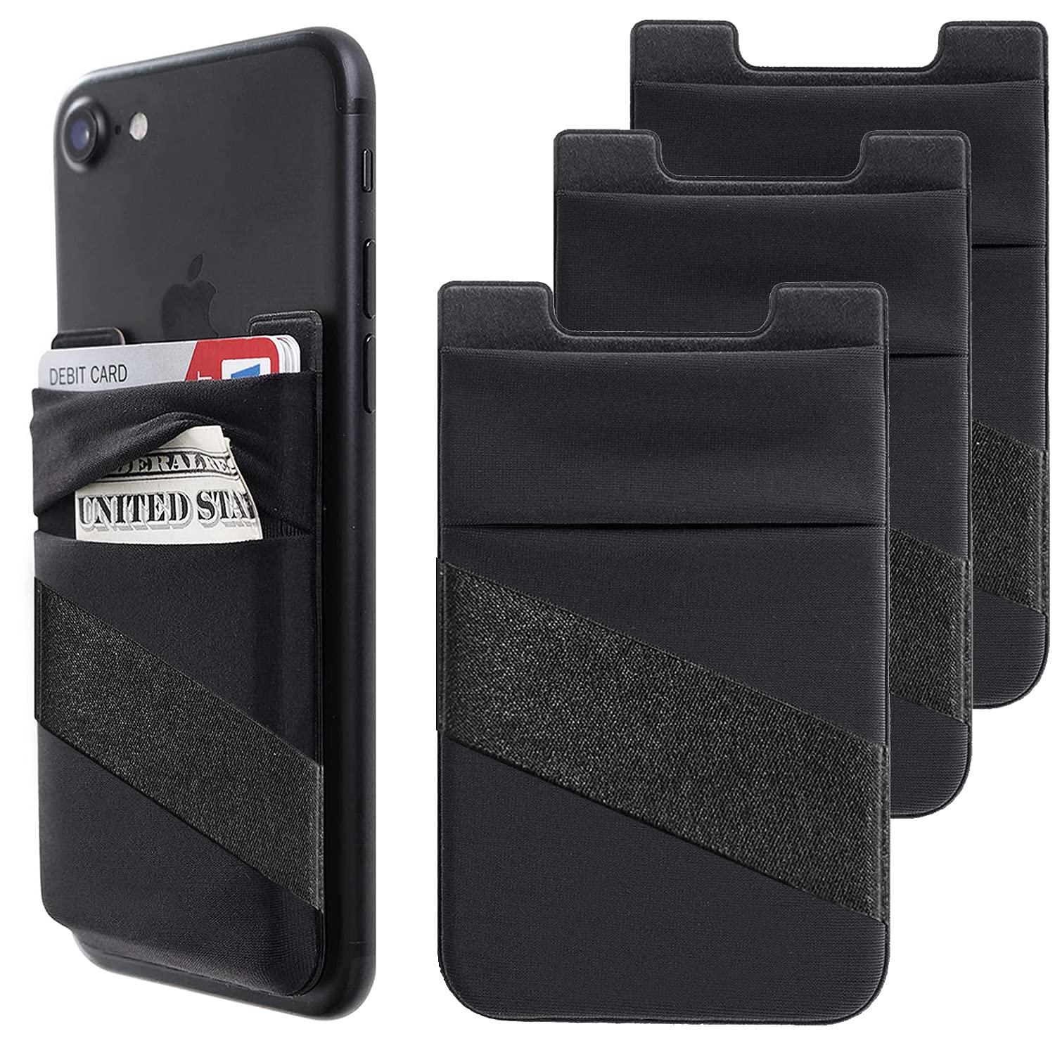 Sticky Phone Wallet with Finger Strap - 3 Pack Stretchable Card Holder for iPhone & Samsung (Back of Phone) - Perfect for Hands-Free Shopping, Gym & Travel Accessories