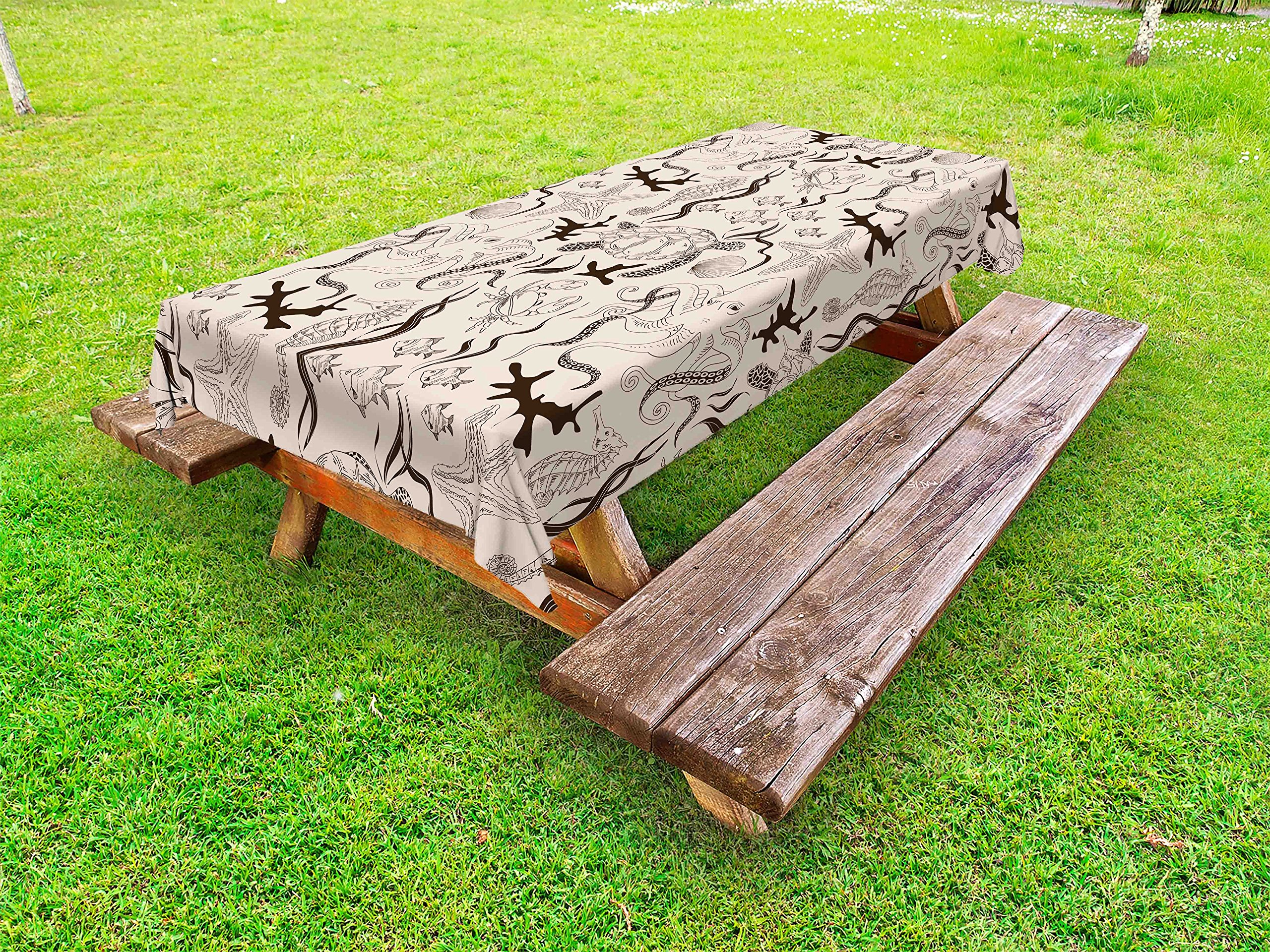 Ambesonne Beige Outdoor Tablecloth - Retro Style Marine Animals Print (Octopus, Crab, Seahorse) - Washable Picnic Table Cover 58x104 Inches - Perfect for Beach Parties, Garden Dining & Outdoor Decor