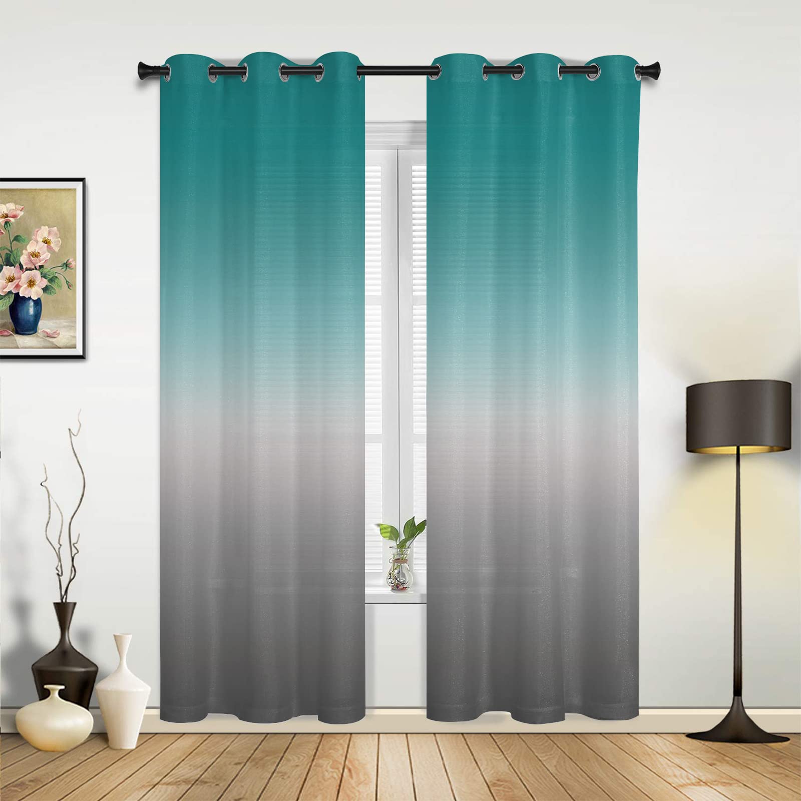 Modern Grommet Window Curtains - Turquoise Grey Gradient 3D Printed Soundproof Blackout Curtains for Bedroom, Living Room & Kitchen - 108