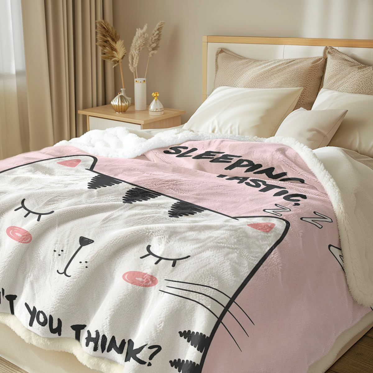 Soft Pink Sherpa Fleece Throw Blanket with White Cat Design - Cozy Twin Size (60