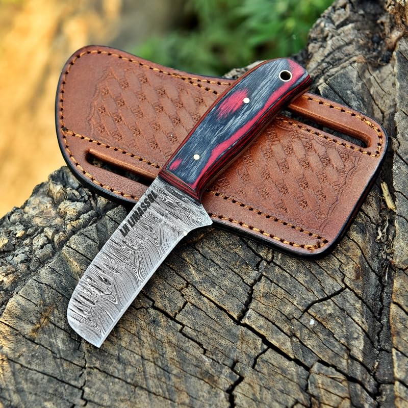 Handmade Damascus Steel Bull Cutter Knife - Custom Cowboy Knife with Leather Sheath | Hunting, Camping & Outdoor Survival Gear