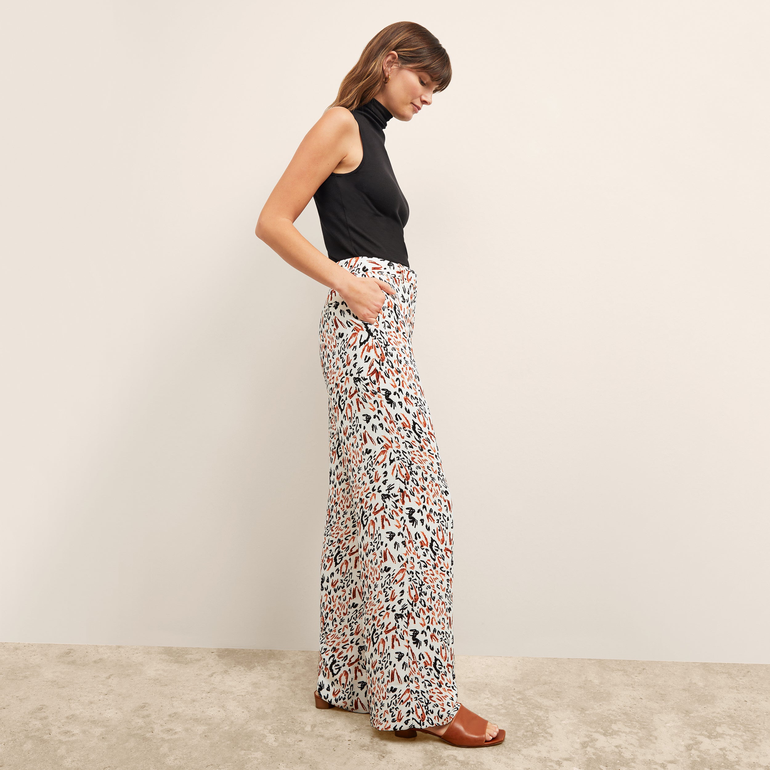 Tinsley Wide Leg Pants for Women - Soft Pebble Crepe Fabric with Leopard Sketch Print | Comfortable Office Wear & Casual Outfits