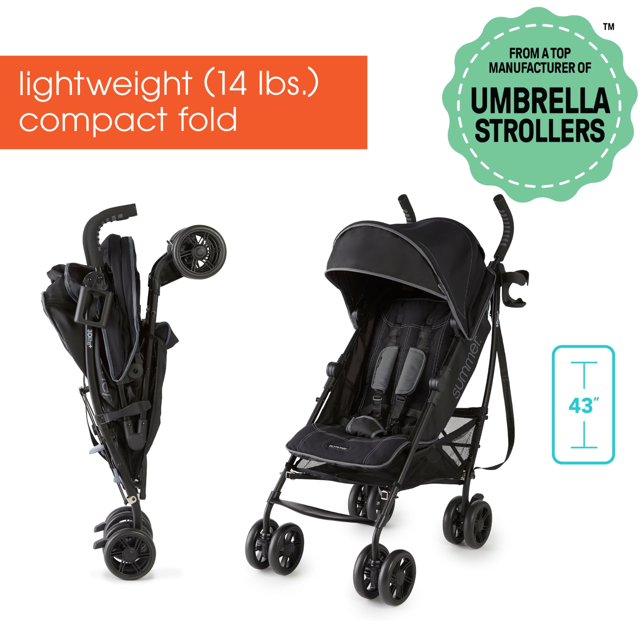 Summer Infant 3Dlite+ Lightweight Umbrella Stroller - Compact Fold, Oversized Canopy & Extra Storage - Black | Perfect for Travel, Shopping & Everyday Use
