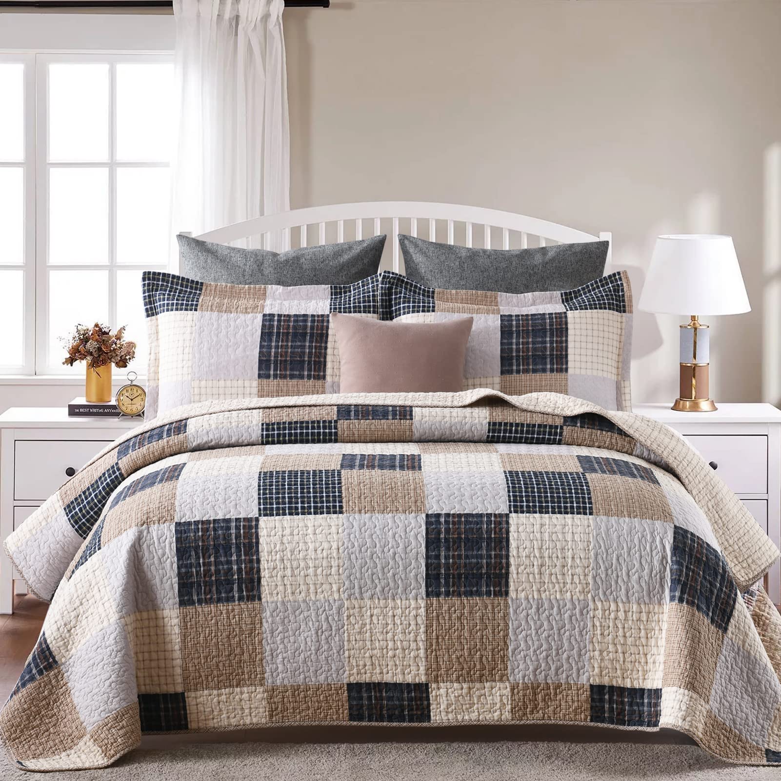 Farmhouse Style Queen Size Quilt Set - 100% Cotton Plaid Bedspread with 2 Pillow Shams | Lightweight & Breathable Quilted Bedding in Brown Tan | 90x98 Inch | Perfect for Cozy Farmhouse Bedrooms, Guest Rooms & Rustic Home Decor