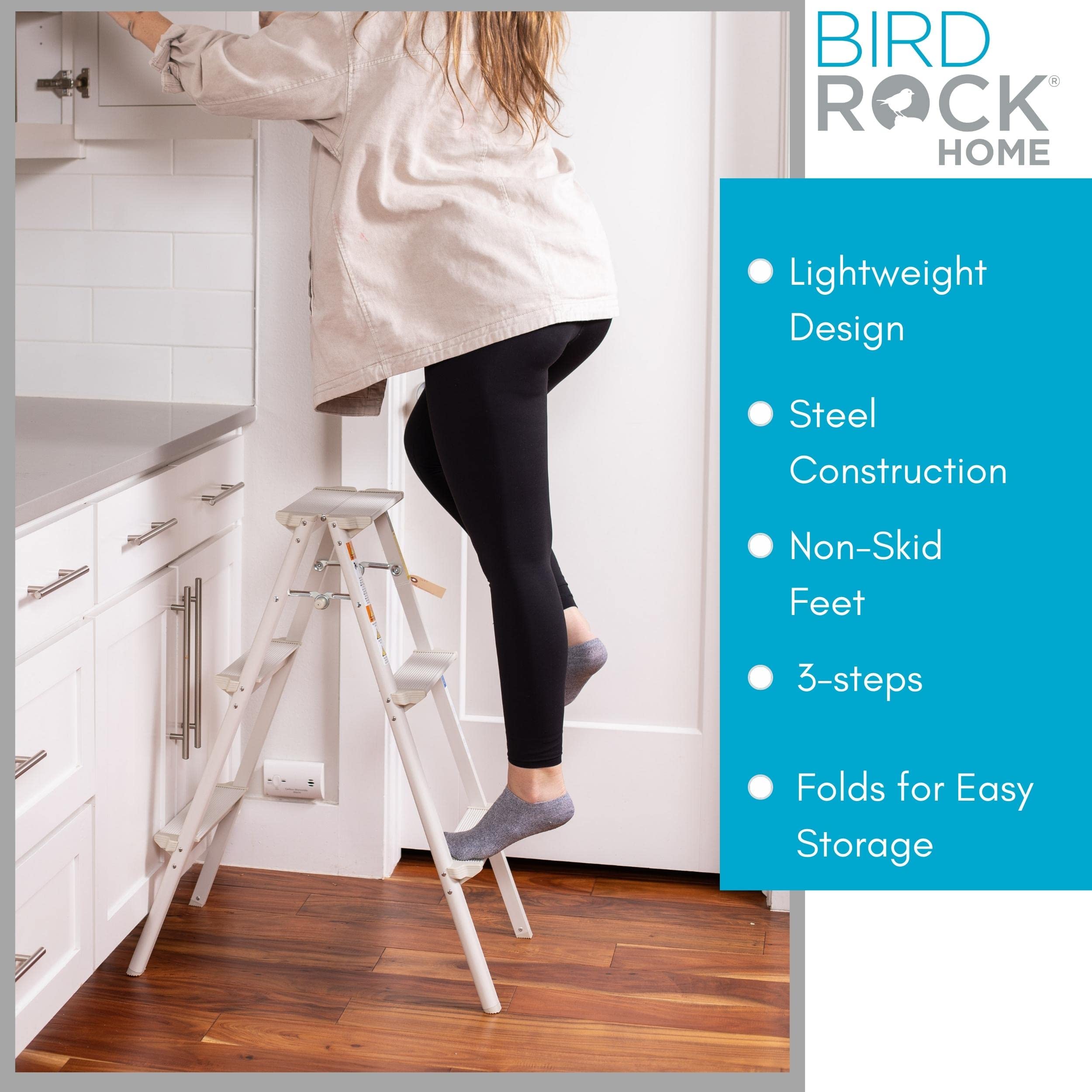 BIRDROCK HOME 3-Step Compact Steel Step Ladder - Lightweight Folding Stool with Anti-Slip Steps - Perfect for Kitchen, Pantry, Closet & Home Office - Indoor Step Stool in Silver (3-Step) - Ideal for Reaching High Shelves, Changing Light Bulbs & Home Organization