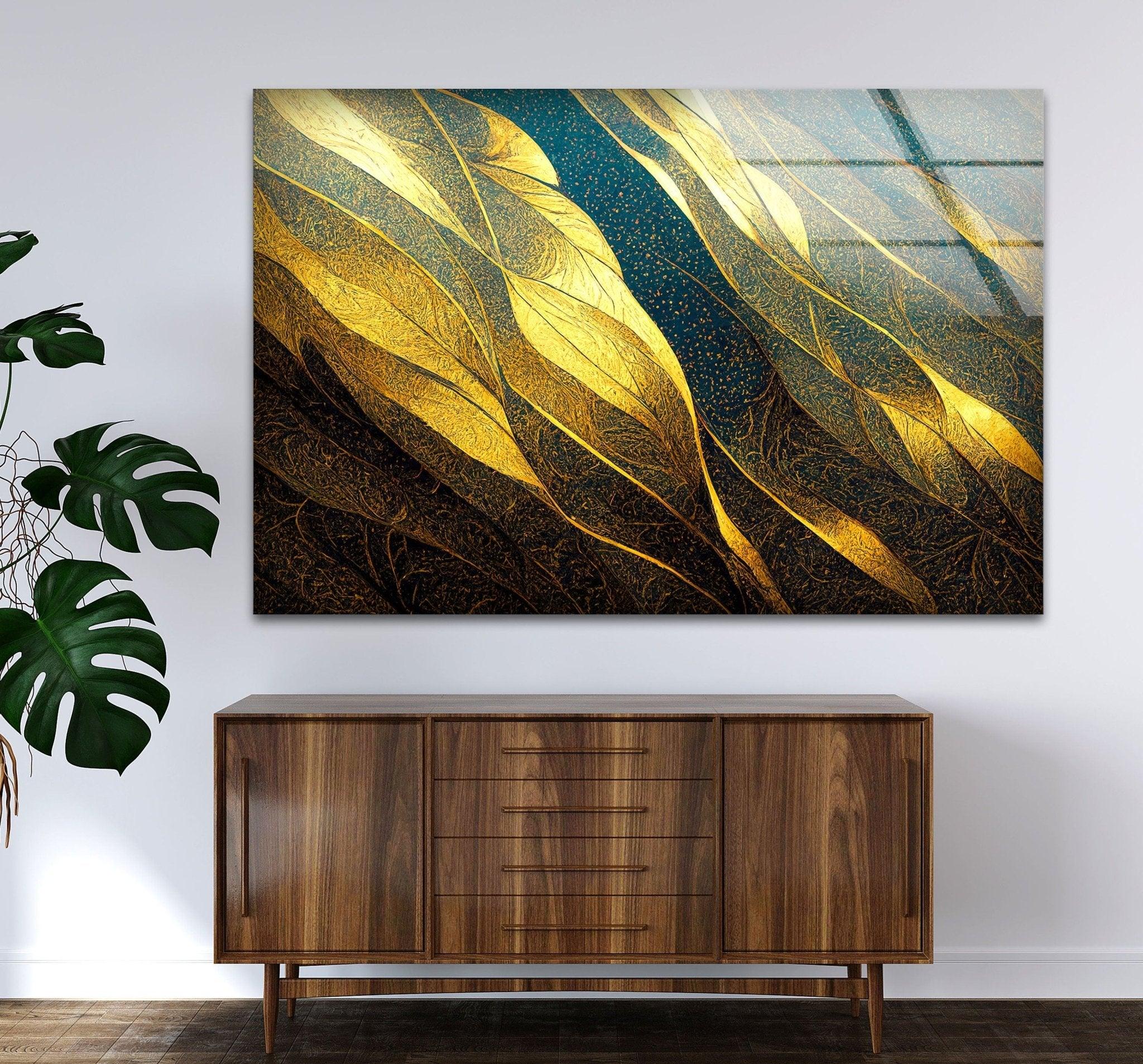 Abstract Decorative Golden Elegant Glass Wall Art - Modern Home Decor for Living Room, Bedroom & Office | Handcrafted Glass Panel for Stylish Interior Design