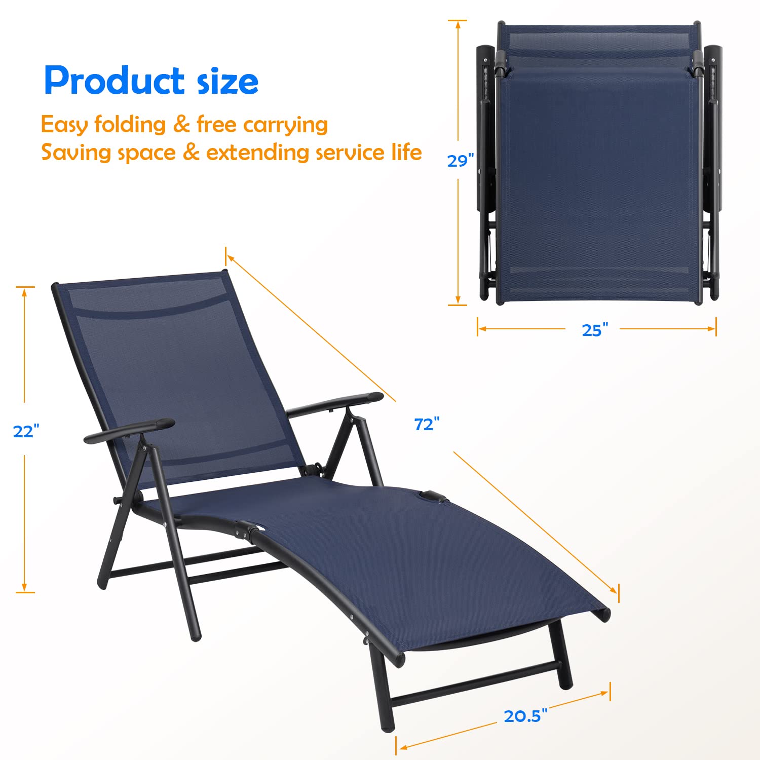 Devoko 2-Pack Adjustable Folding Outdoor Lounge Chairs - Waterproof Patio Chaise Lounge for Poolside, Beach, Backyard & Garden Relaxation (Blue)