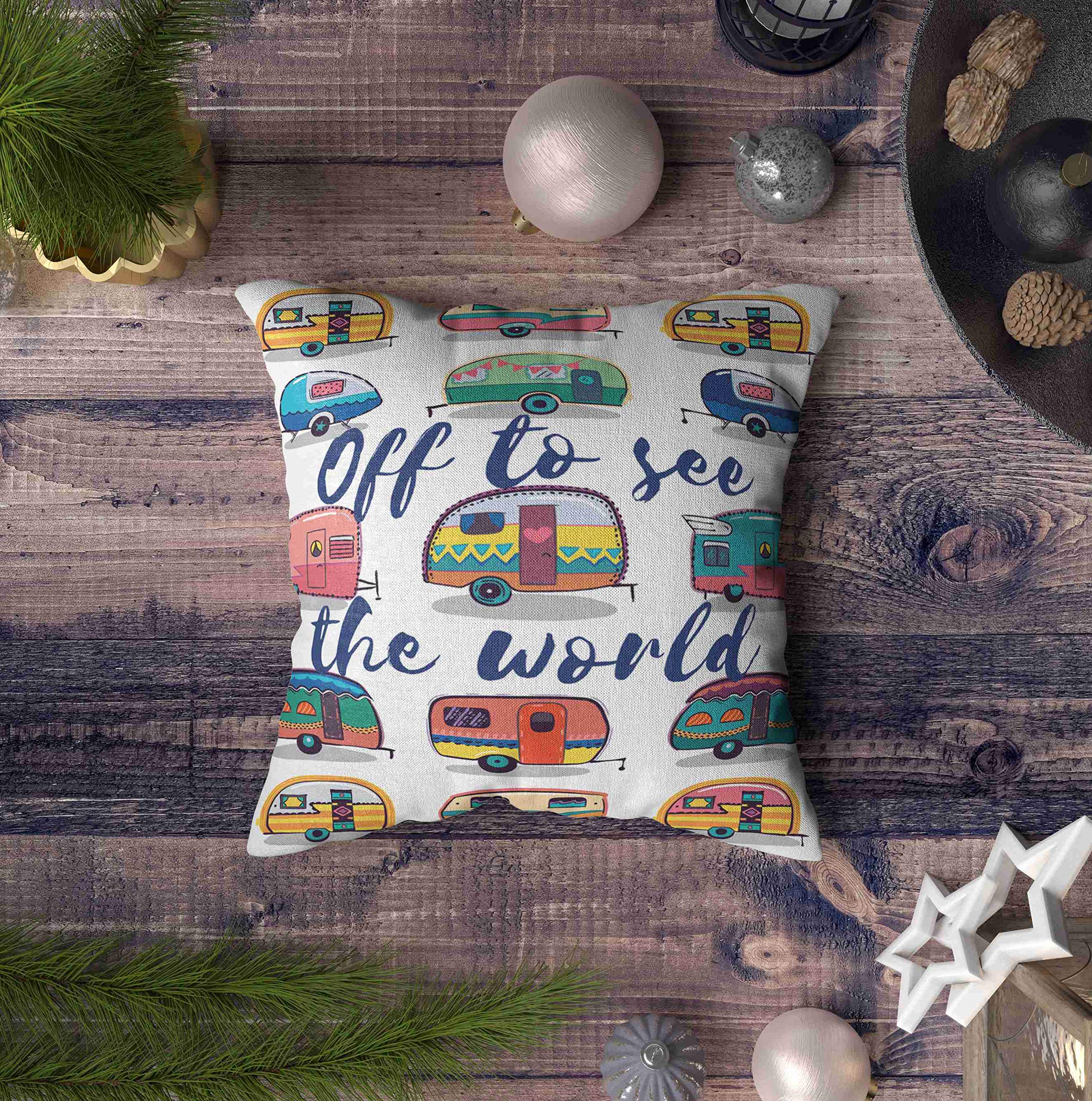 20x20 Inch Sofa Zip Pillow Covers - Happy Camper Card Design Decorative Throw Pillow Cases for Living Room, Bed & Couch | Home Decor Accessories