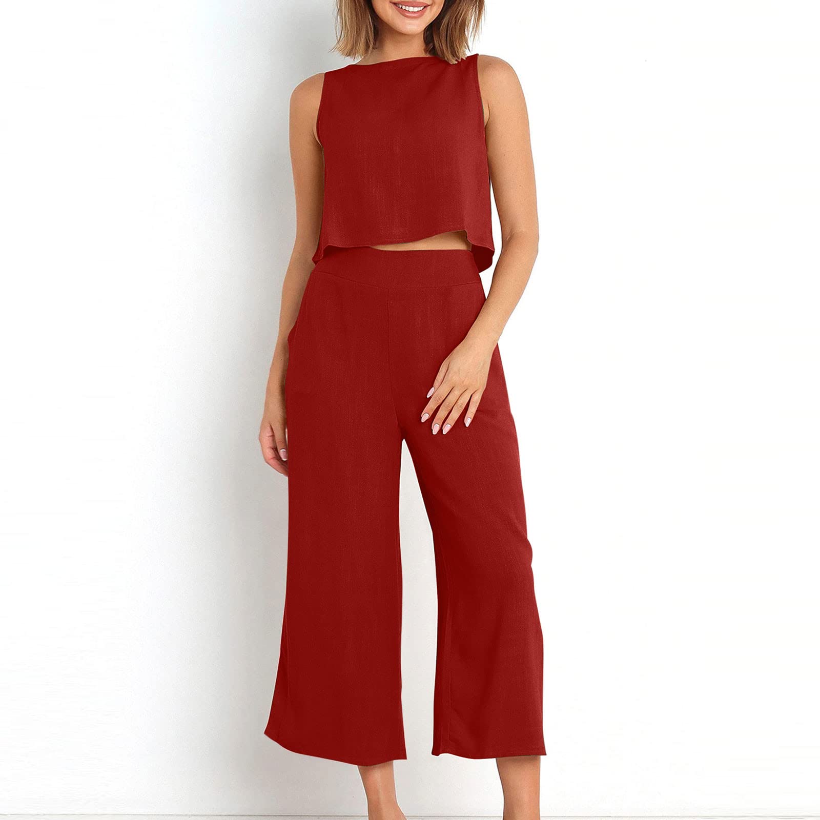 AMhomely Women's 2-Piece Cotton Linen Outfit - Sleeveless Vest Top & Wide Leg Pants Set with Button Back & Pocket | Elegant Matching Trouser Suits for Work, Office, and Summer Casual Wear