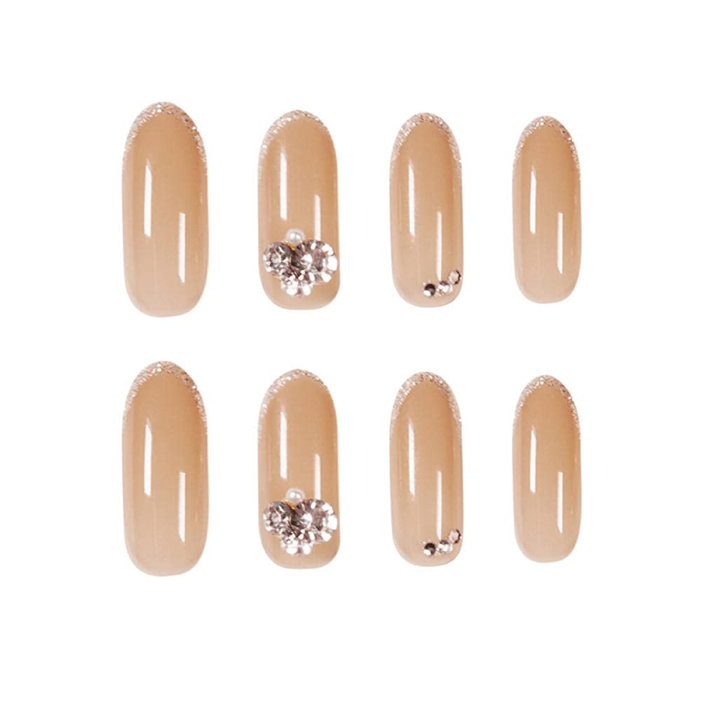 24pcs Crystal Edge French False Nails - Medium Length Round Fake Nails with Glue | Elegant Manicure Tips for Women | Perfect for Parties, Weddings & Special Occasions