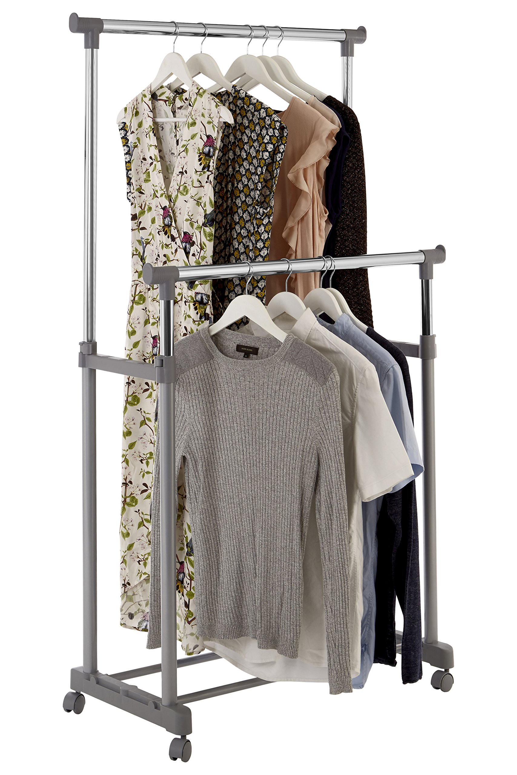 Premier Housewares 1900395 Chrome Double Hanging Rail with Wheels - Adjustable Closet Organizer for Bedroom, Bathroom & Laundry Room Storage