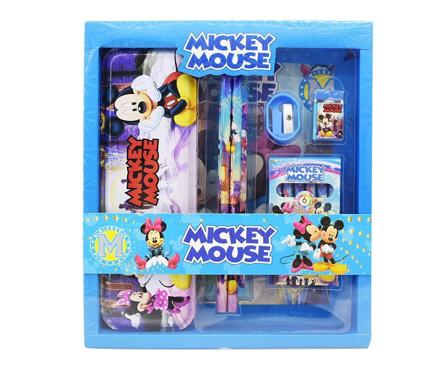 TOYZIEZ 6-in-1 Mickey Mouse Stationery Gift Set for Kids - Includes Pencil Box, Colored Pencils, Eraser, Ruler & Sharpener | Perfect for Birthday Gifts, School Supplies & Back-to-School Essentials (Cartoon Printed Design, Pack-1)