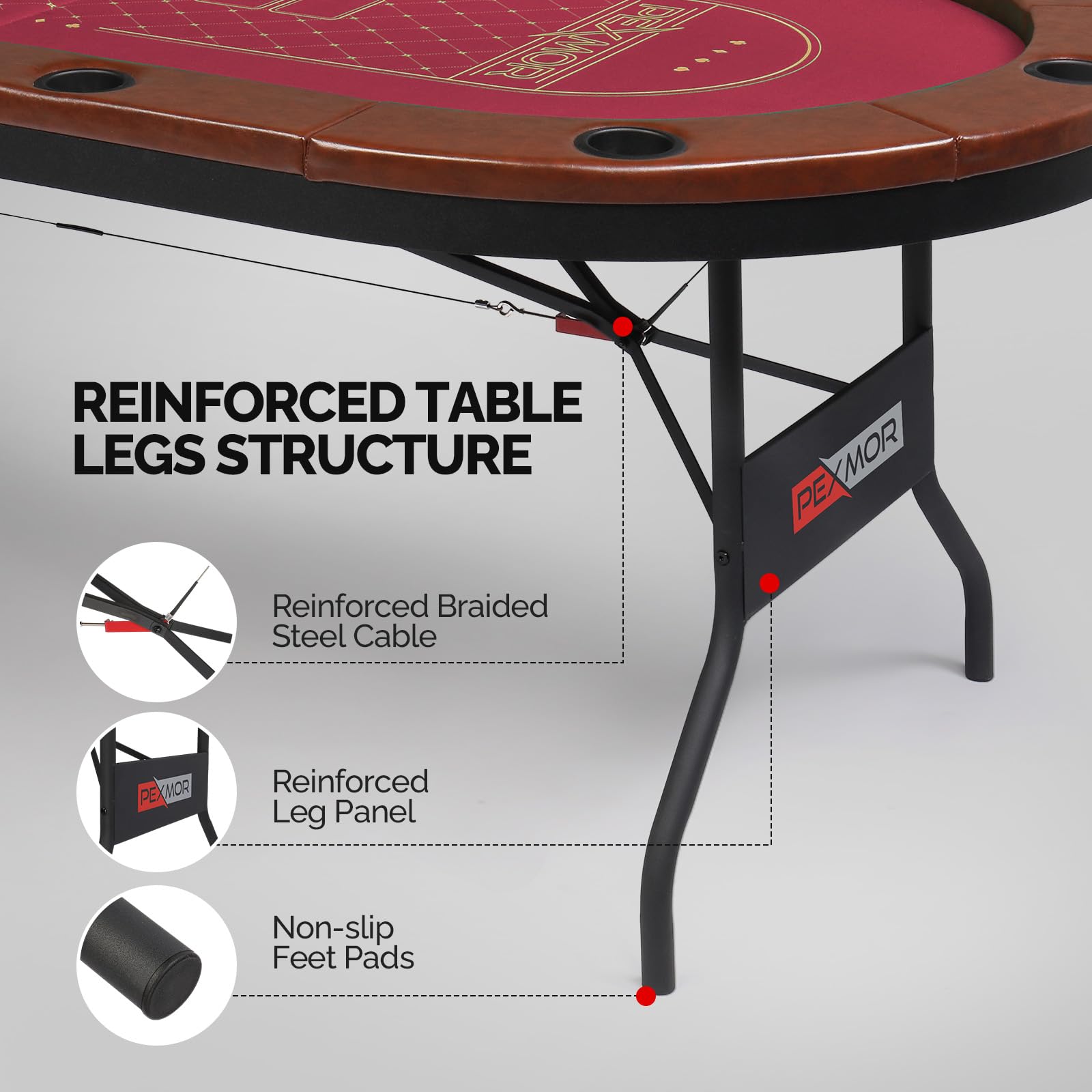PEXMOR 10 Player Foldable Poker Table with Stainless Steel Cup Holders - Casino Grade Felt & Water Resistant Cushioned Rail - Texas Holdem Blackjack Game Table for Home Casino Nights & Poker Parties (Fully Assembled)