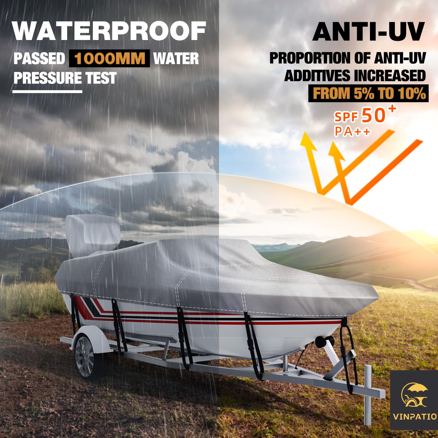 Heavy Duty 24-26 ft Waterproof Boat Cover with Motor Cover | Marine Grade V-Hull Runabout & Bass Boat Cover | Fits Fishing & Ski Boats up to 108