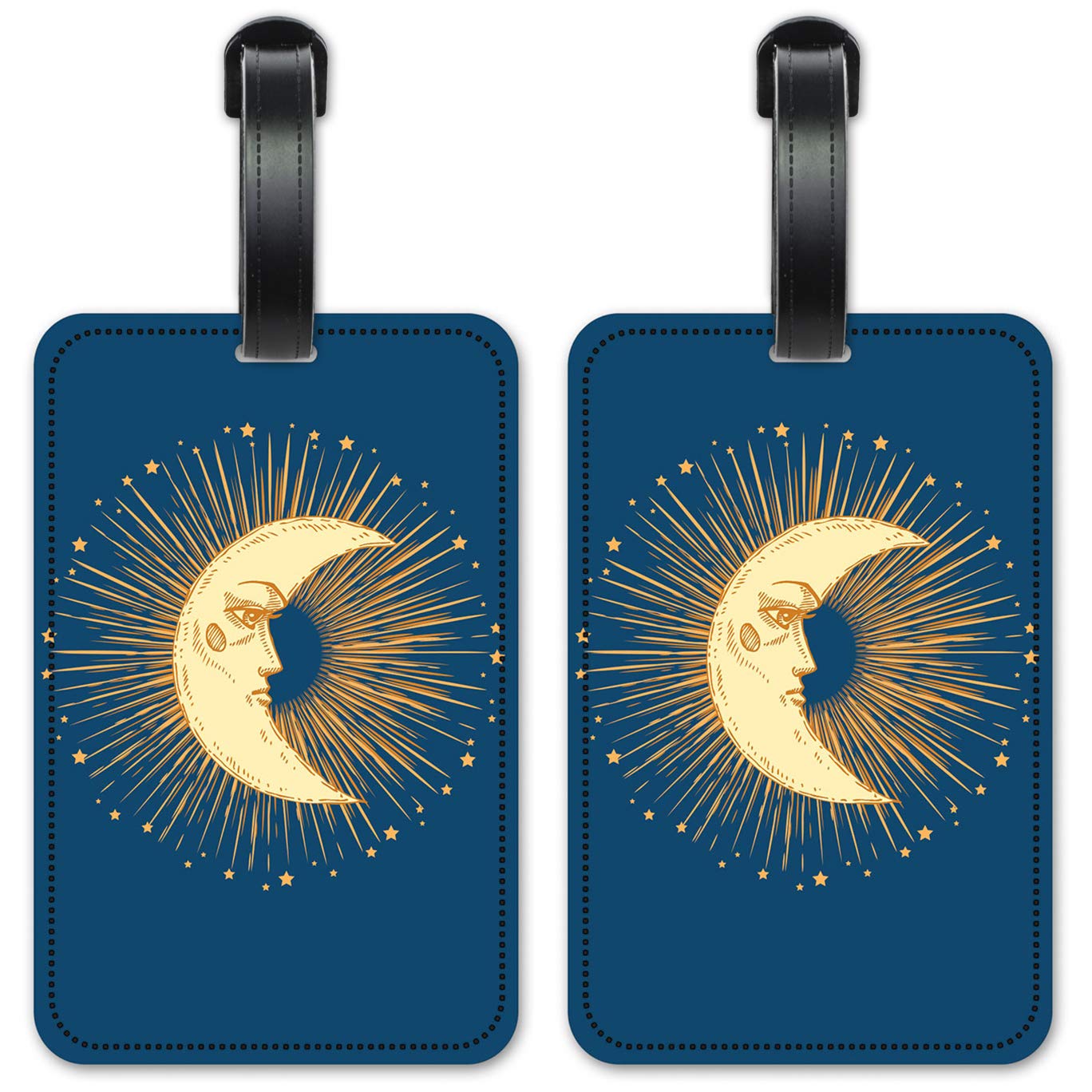 Golden Moon with Blue Background Luggage ID Tags - Set of 2 Waterproof Suitcase Identification Cards for Travel, Cruise & Airports - Personalized Name Tags for Bags & Backpacks