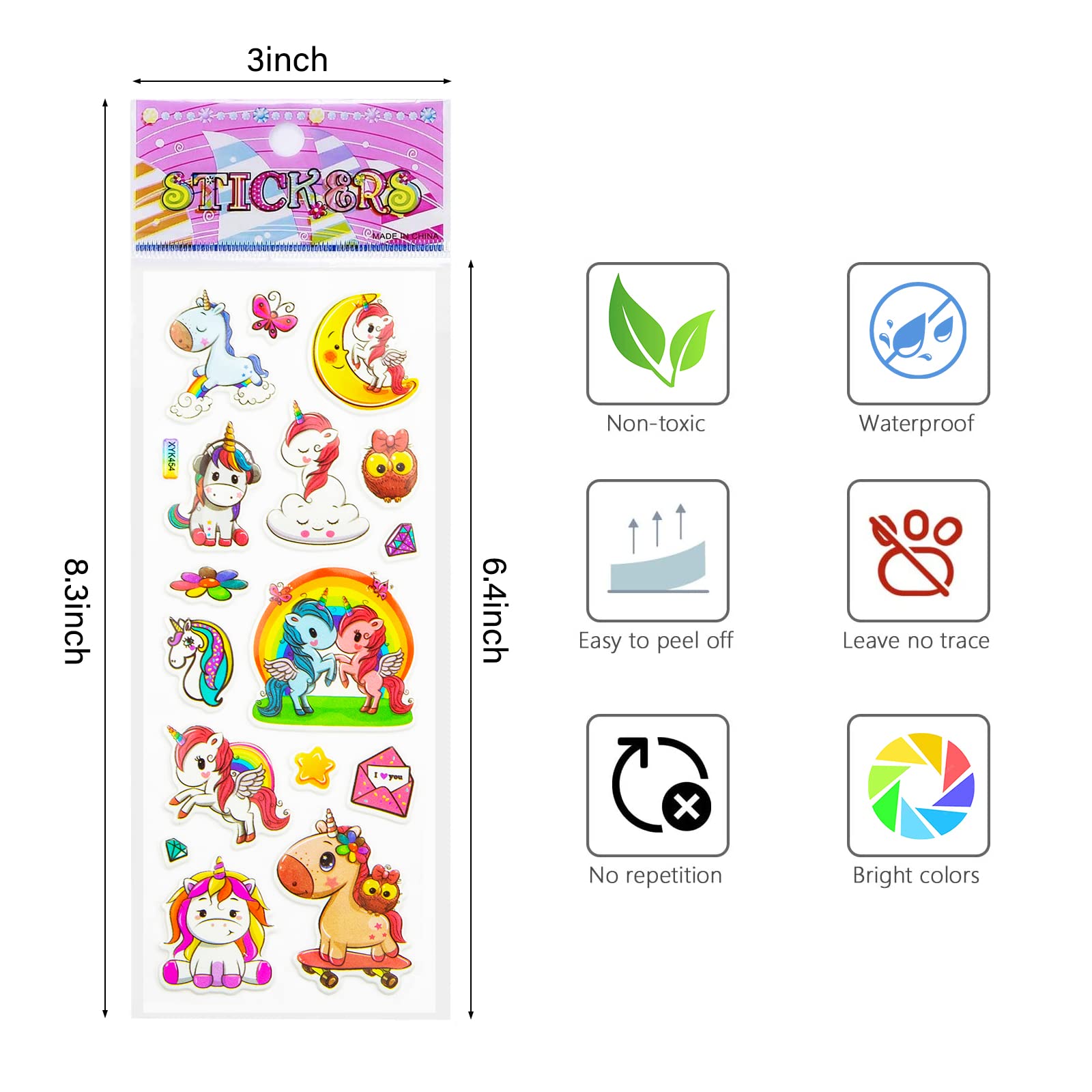Fantasyon 20 Sheets 3D Puffy Unicorn Stickers for Kids - DIY Cartoon Unicorn Theme Stickers for Scrapbooking, Journals, Party Favors, Reward Prizes & Classroom Activities