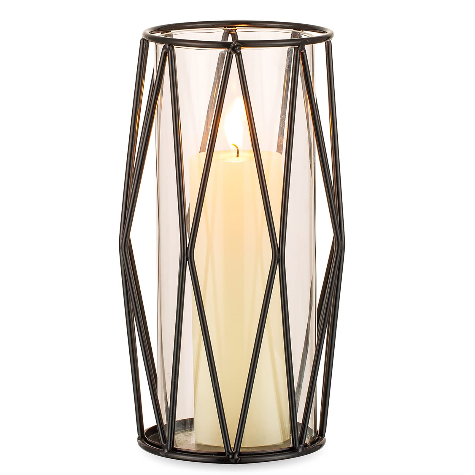 Black Geometric Metal Candle Holder for Pillar Candles - Hurricane Glass Vase & Stand for Office, Dining Room, Living Room, Bar, Cafe - Elegant Home Decor & Wedding Centerpiece