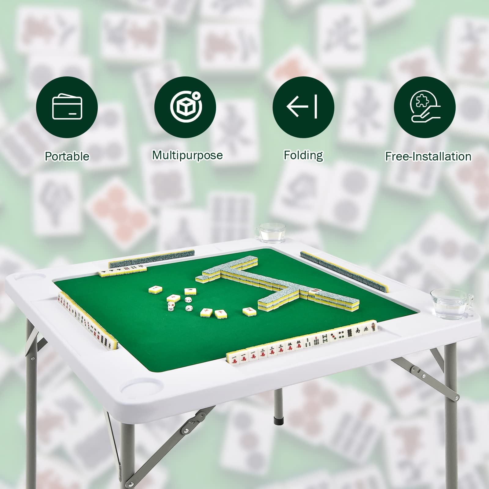 GYMAX Folding 4-Player Mahjong Table with Cup Holders & Chip Trays - Portable Square Card Game Table for Poker, Blackjack, Dominoes - Perfect for Game Nights, Parties & Family Gatherings