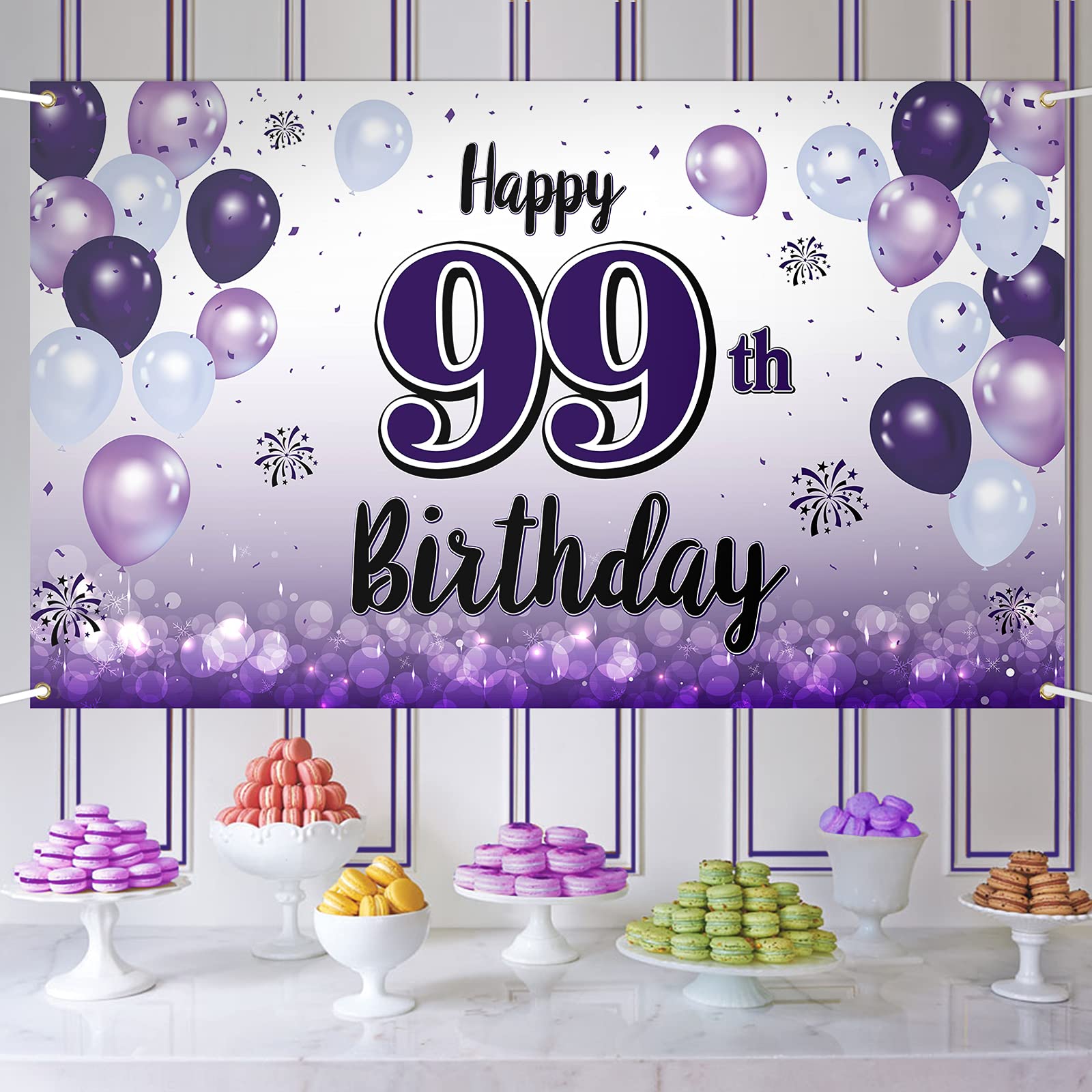Happy 99th Birthday Banner - Large Purple Cheers to 99 Years Wall Decor for Party Backdrop & Photo Prop | Perfect for Milestone Celebrations, Home Decorations & Birthday Party Scenes