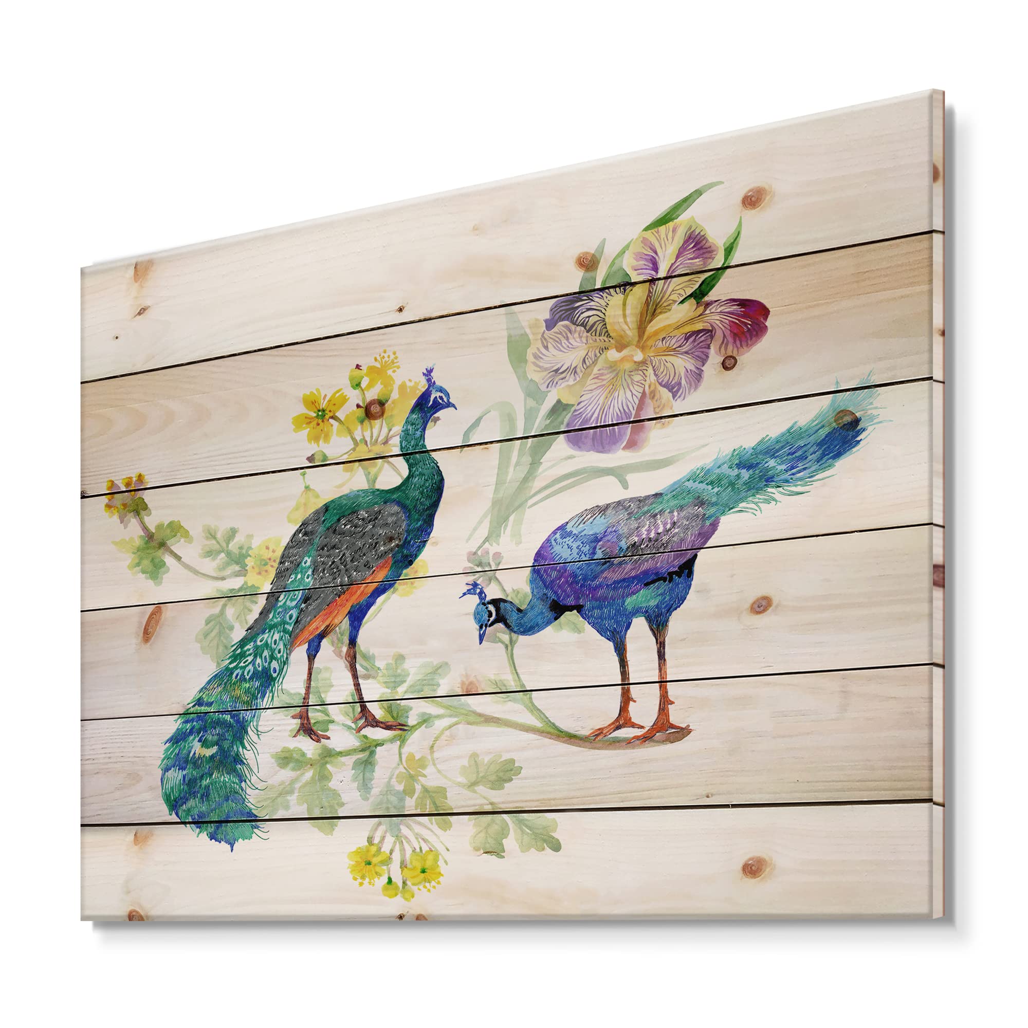 DesignQ Traditional Peacock & Iris Floral Wood Wall Art - Handcrafted Blue Wooden Wall Decor, Large Animal Print Wall Panels on Natural Pine - Perfect for Living Room, Bedroom & Home Office Decor