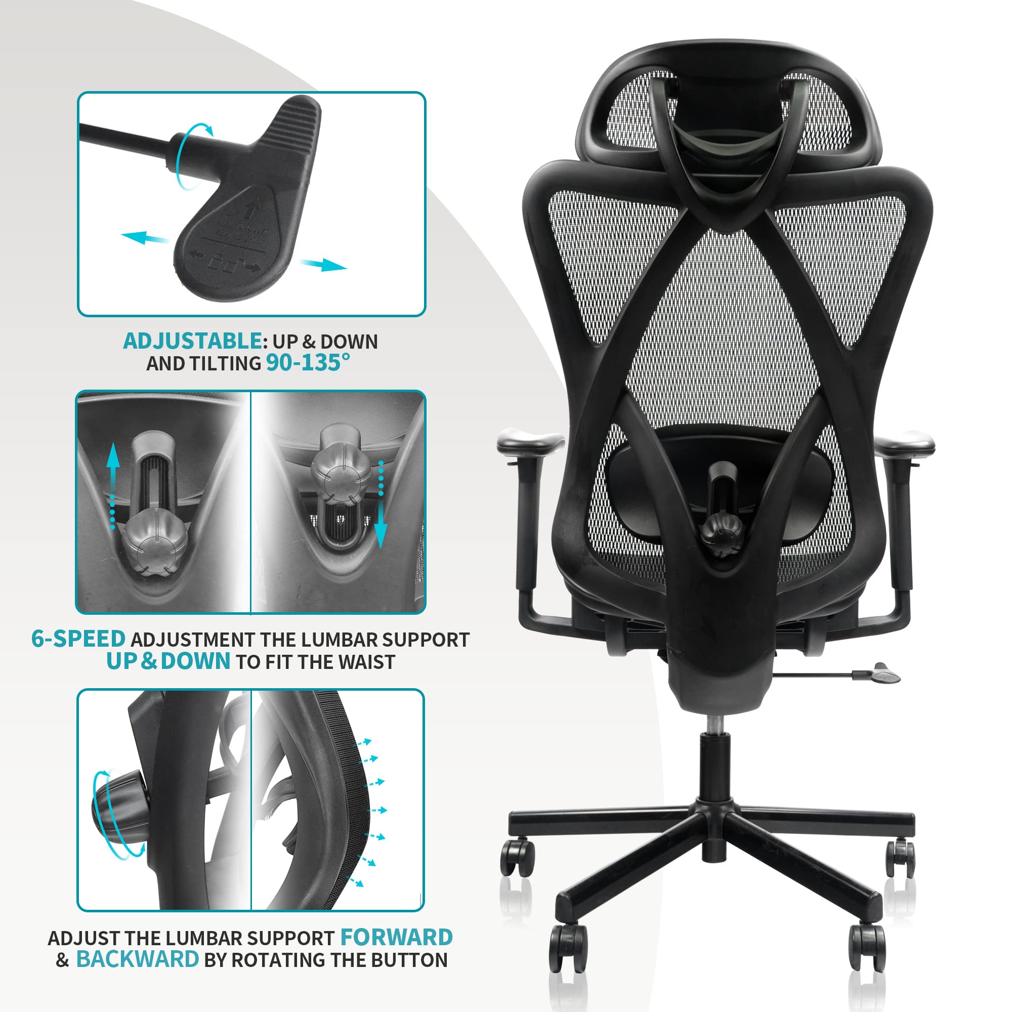 Ergonomic Mesh Office Chair with Adjustable Lumbar Support, Headrest & Wheels - High Back Desk Chair for Home Office, Gaming & Work - Breathable Comfort for Long Hours Sitting