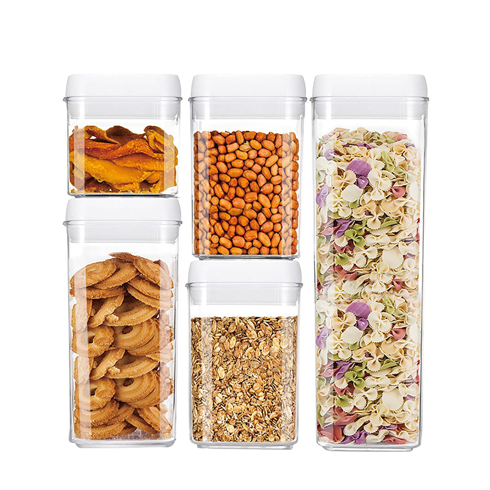 Eervff Airtight Food Storage Containers Set - 5-Piece Clear Plastic Square Canisters for Dried Fruits, Snacks, Coffee, Tea | Moisture-Proof & Fresh-Keeping Kitchen Organization | Perfect for Pantry, Office, and Travel