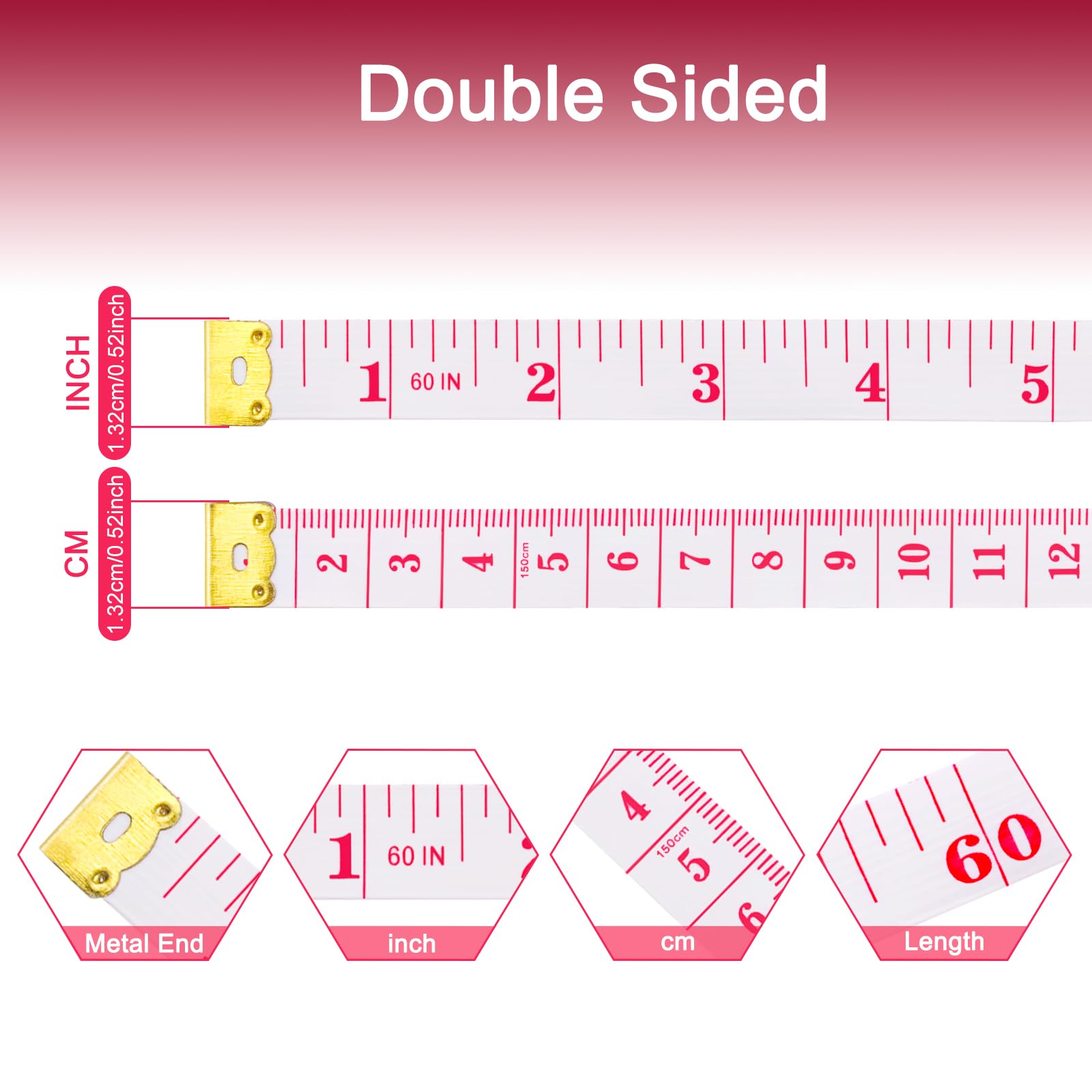 GDMINLO 60-Inch Soft Tape Measure - Dual Scale Flexible Sewing Tailor Ruler for Body Measurements, Weight Loss & Medical Use (Centimeter/Metric on Reverse) - Ideal for Crafting, DIY Projects & Fitness Tracking (Red on White)