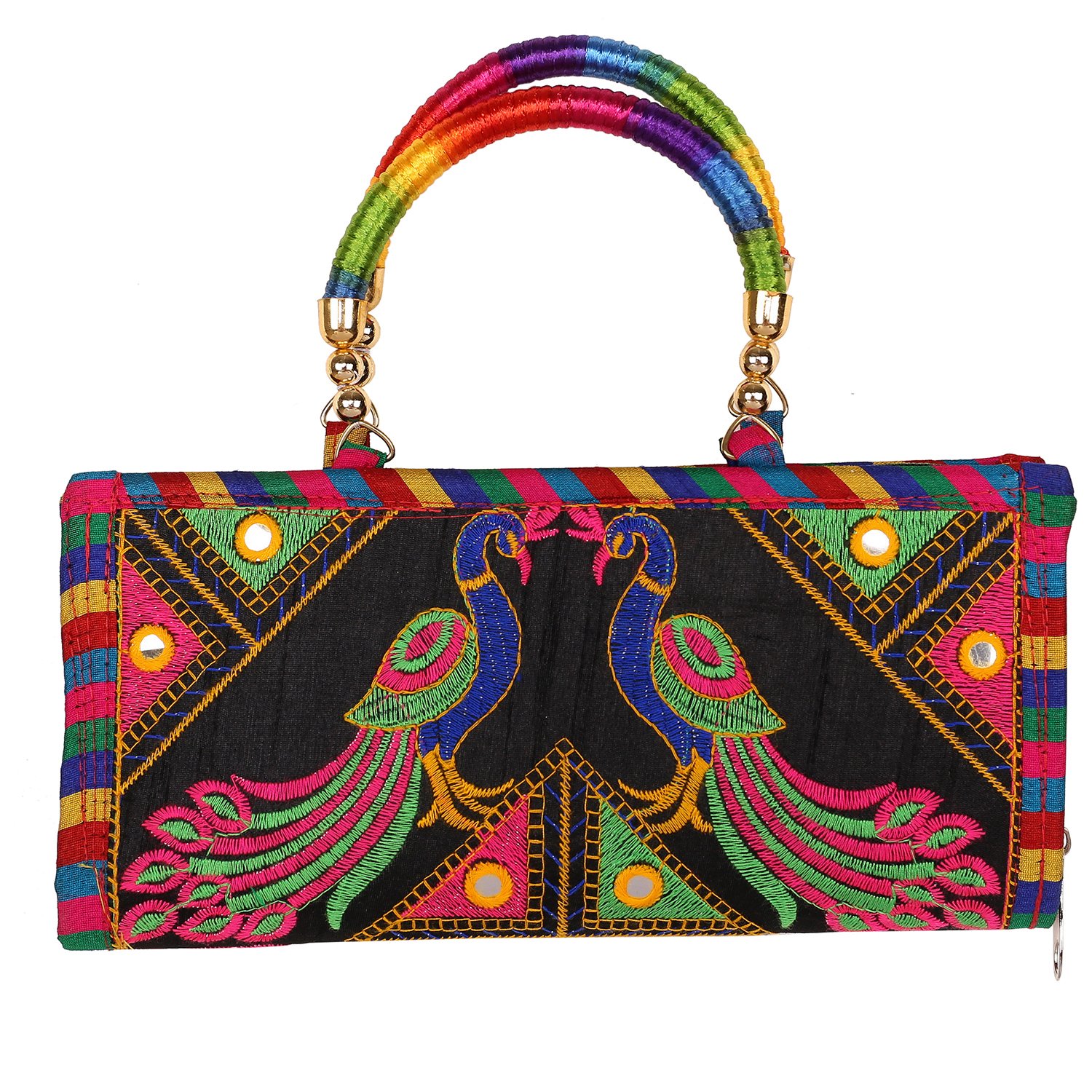 Rajasthani Jaipuri Embroidered Mirror Work Clutch Bag for Women - 13x25cm Ethnic Handmade Purse for Girls & Ladies - Perfect for Weddings, Parties & Festive Occasions