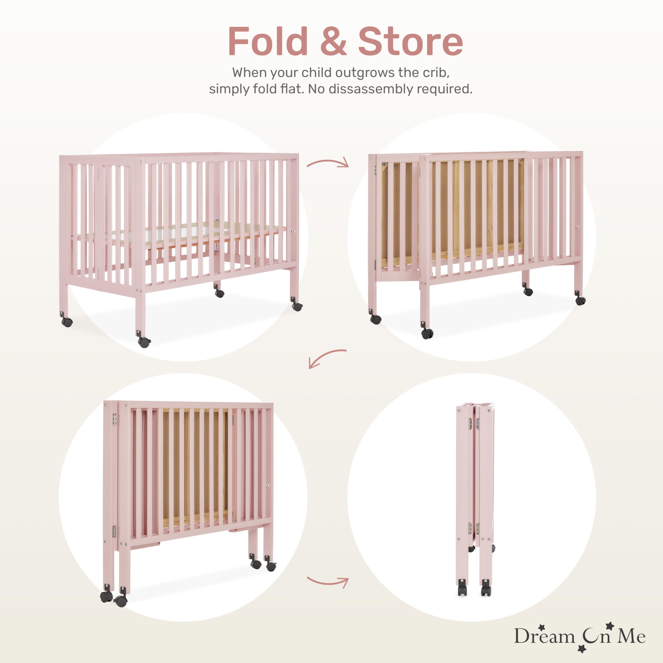 Dream On Me Quinn Full-Size Folding Crib - Blush Pink Baby Crib with Removable Wheels, Adjustable Mattress Support & Patented Foldable Design | Modern Nursery Furniture for Home, Travel & Daycare Use