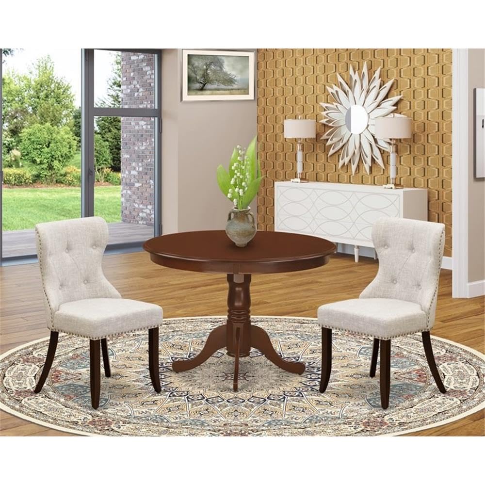 East West Furniture 3 Piece Round Dining Table Set with Pedestal Base & 2 Doeskin Linen Parsons Chairs - 42 Inch Mahogany Wood Kitchen Table for Small Spaces, Breakfast Nook, Apartment Dining Room