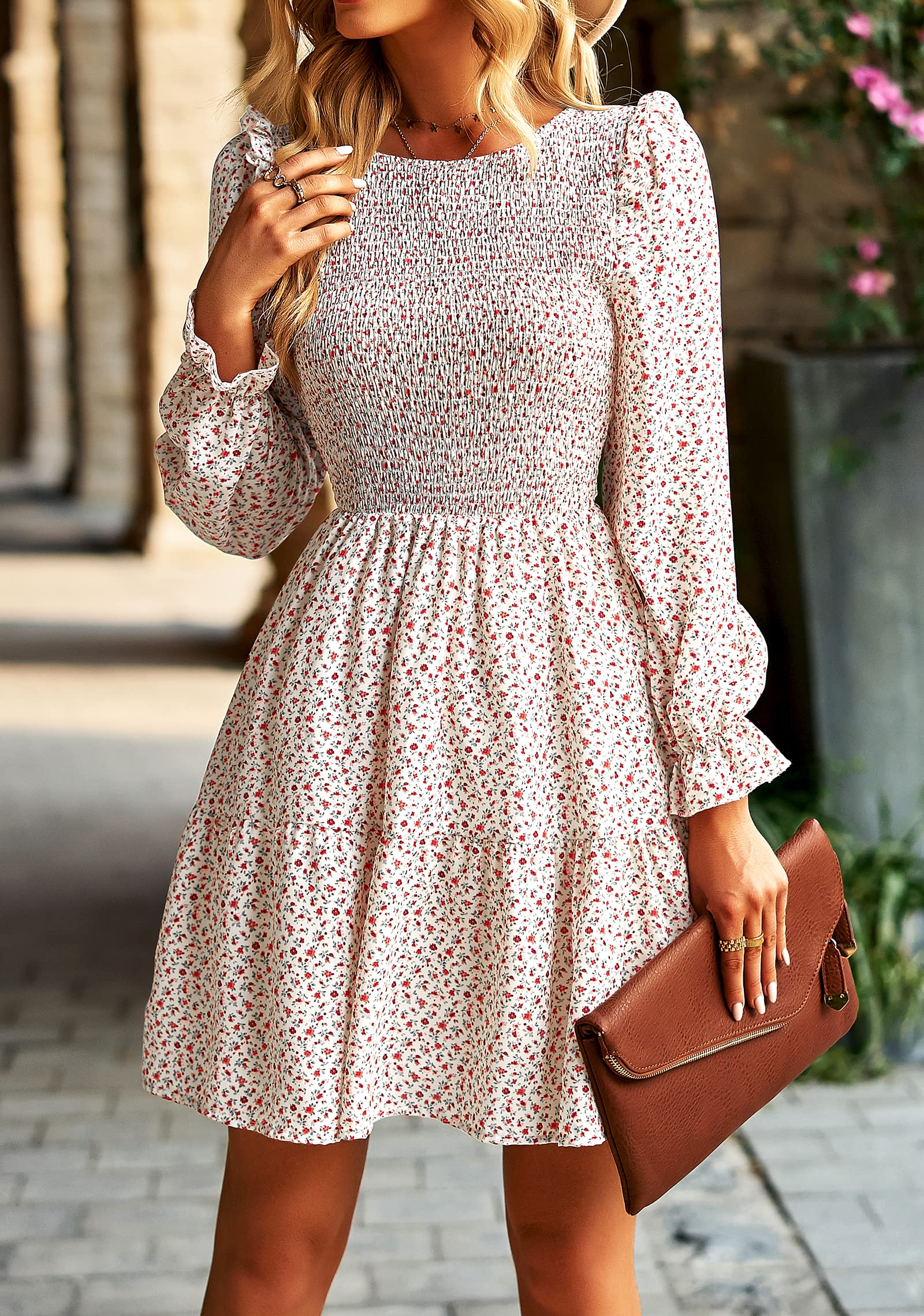 KIRUNDO Women's Floral Smocked Long Sleeve Ruffle A-Line Mini Dress - Spring Summer Party Dress 2025 | Perfect for Garden Parties, Date Nights & Special Occasions