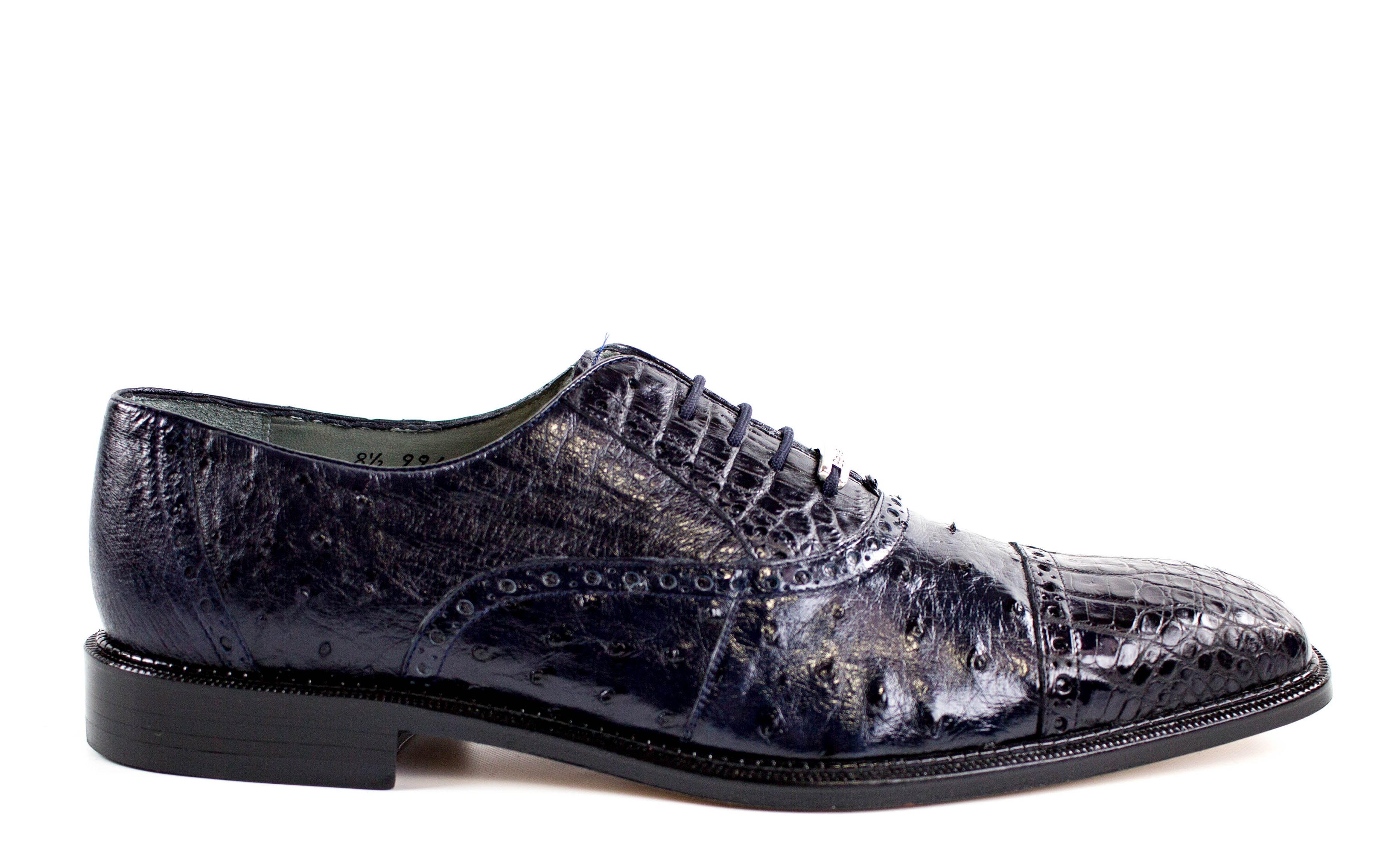 Belvedere Onesto II Genuine Ostrich & Crocodile Leather Dress Shoes for Men - Navy Blue Size 9.5 & 13 - Luxury Formal Business & Wedding Oxford Shoes