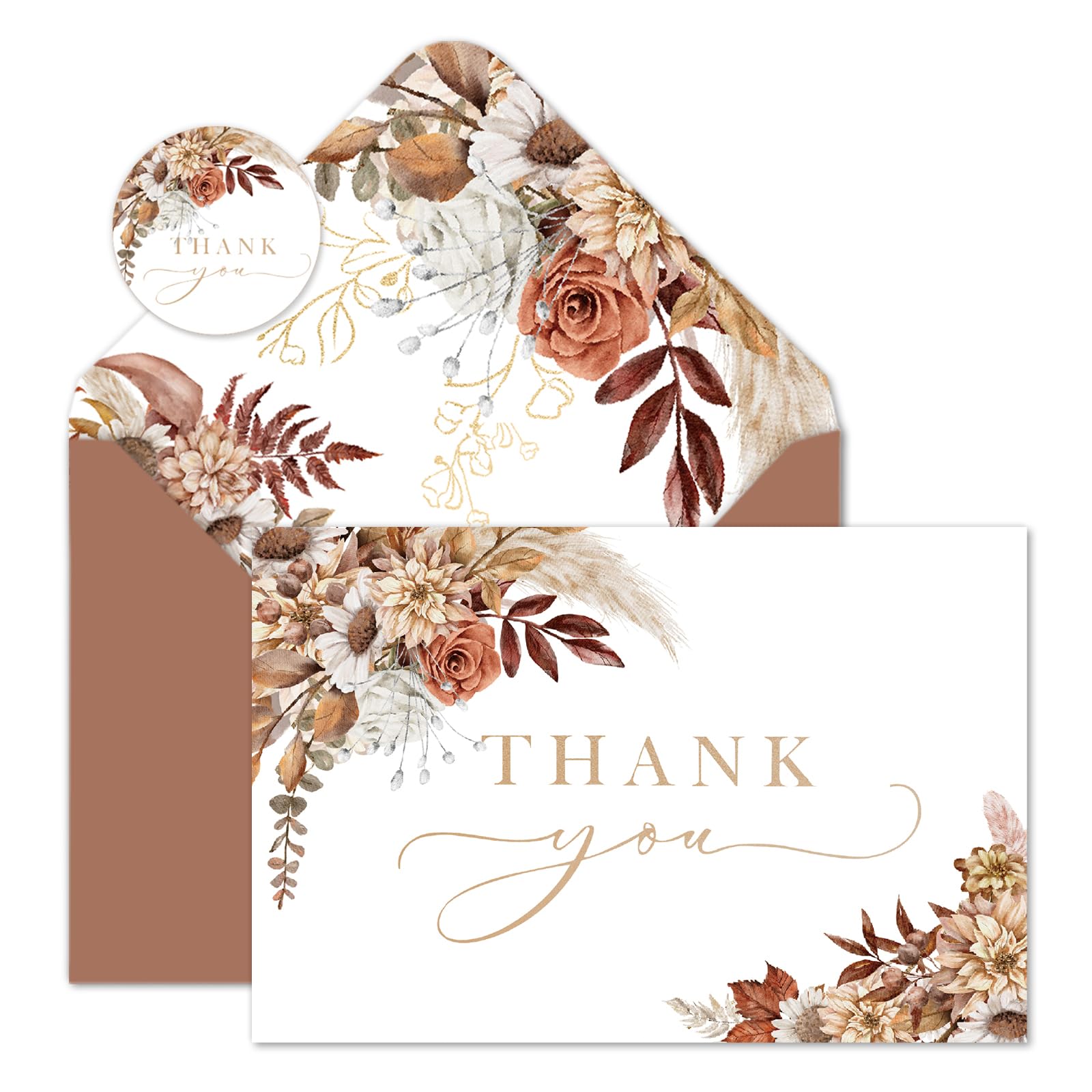 Boho Floral Thank You Cards Bulk 24 Pack - Blank Note Cards with Envelopes & Stickers for Bridal Shower, Baby Shower, Wedding, Graduation - 4 x 6 Inch Boho Style Stationery - Perfect for DIY Greetings, Party Favors, and Handwritten Notes