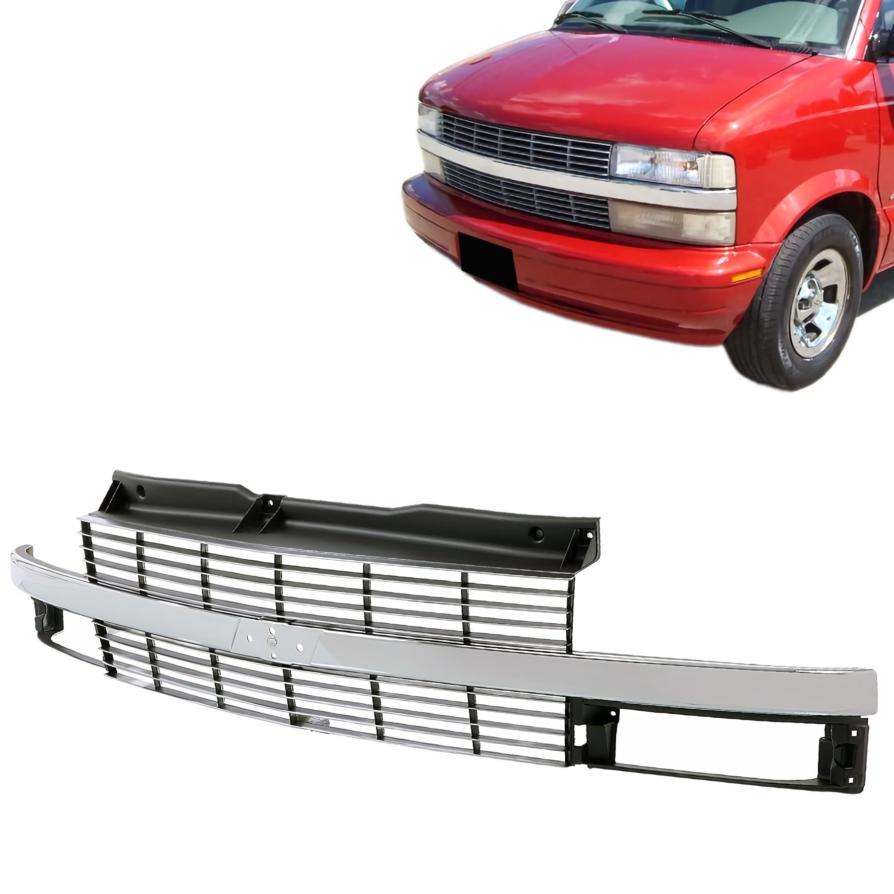 Chrome Center Bar Front Grille with Silver Gray Shell for 1995-2005 Chevy Astro Van | Replacement Part 15760162 GM1200371 | Perfect Fit for Restoration & Custom Upgrades