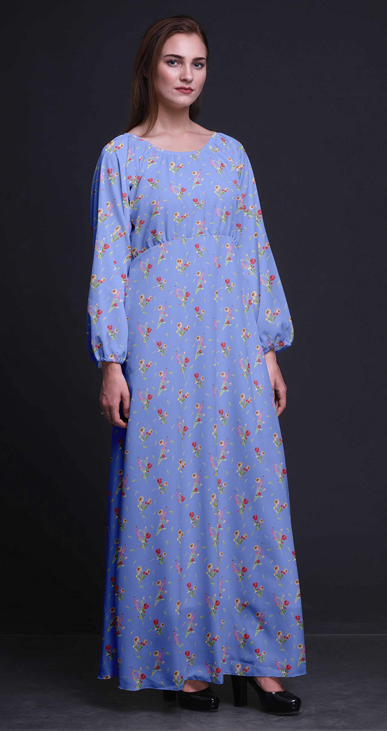 Bimba Printed Women's Maxi Dress - Long Sleeve Polyester Georgette with Elastic Waist - Flowy Summer Casual Dress for Beach, Vacation & Outdoor Events