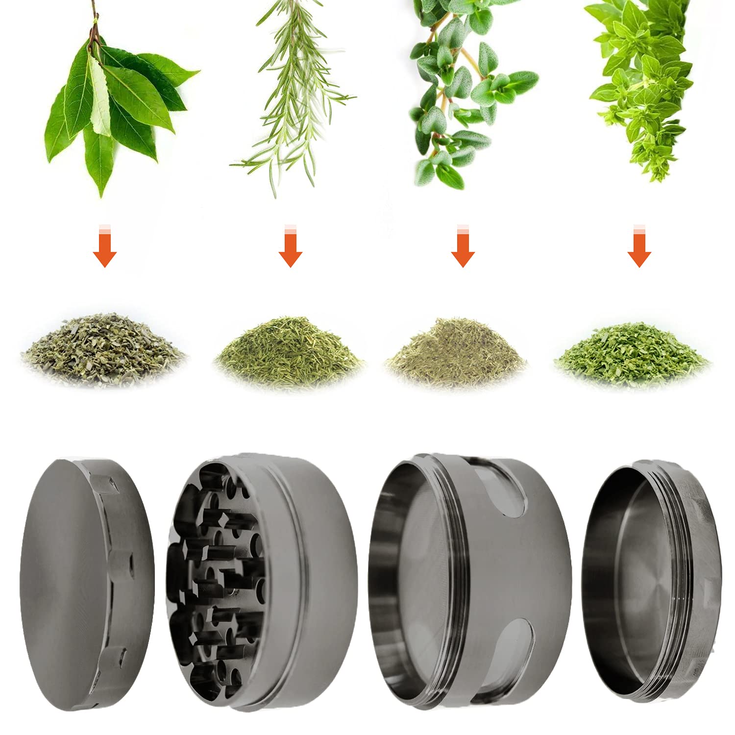 Premium 55mm Manual Spice Grinder - 4-Piece Metal Spice Mill for Fresh Herbs & Seasonings - Perfect for Kitchen, Cooking & Gourmet Meal Prep - Grey