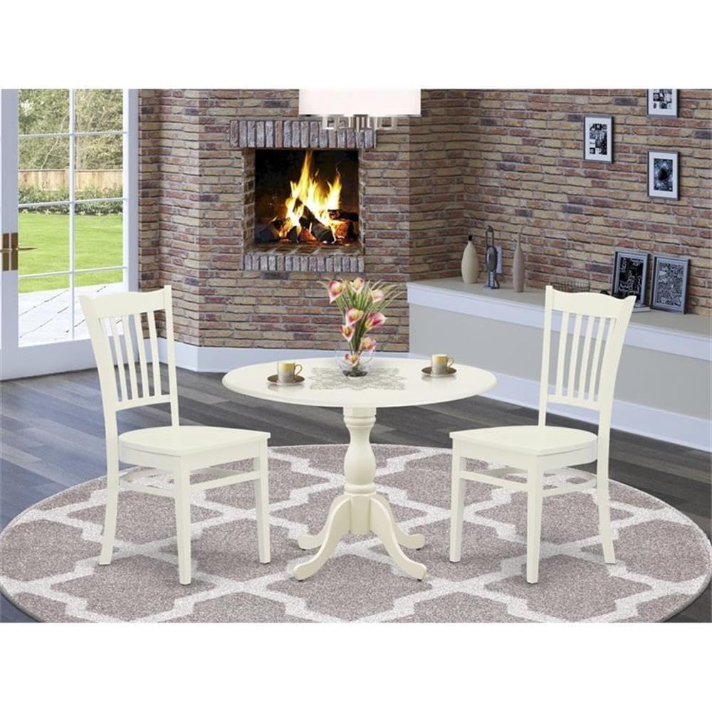 East West Furniture DMGR3-LWH-W 3-Piece Round Dining Set with Drop Leaf Table & 2 Chairs, 42x42 Inch, Linen White - Perfect for Small Kitchens, Breakfast Nooks & Cozy Apartments