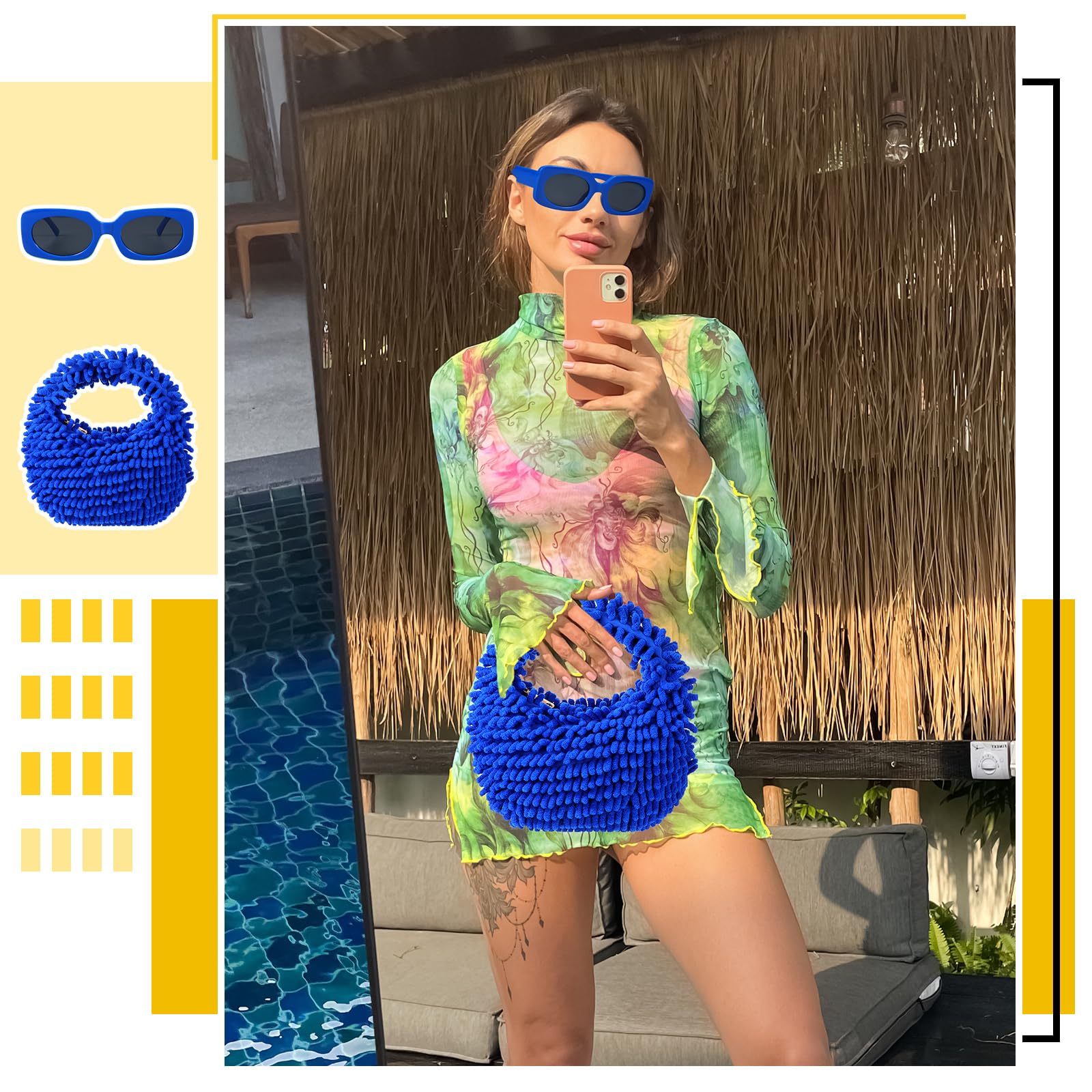 Kanayu 2-Piece Women's Neon Fuzzy Tote Bag & Retro Square Sunglasses Set - Trendy Accessories for Beach, Shopping, and Summer Outfits