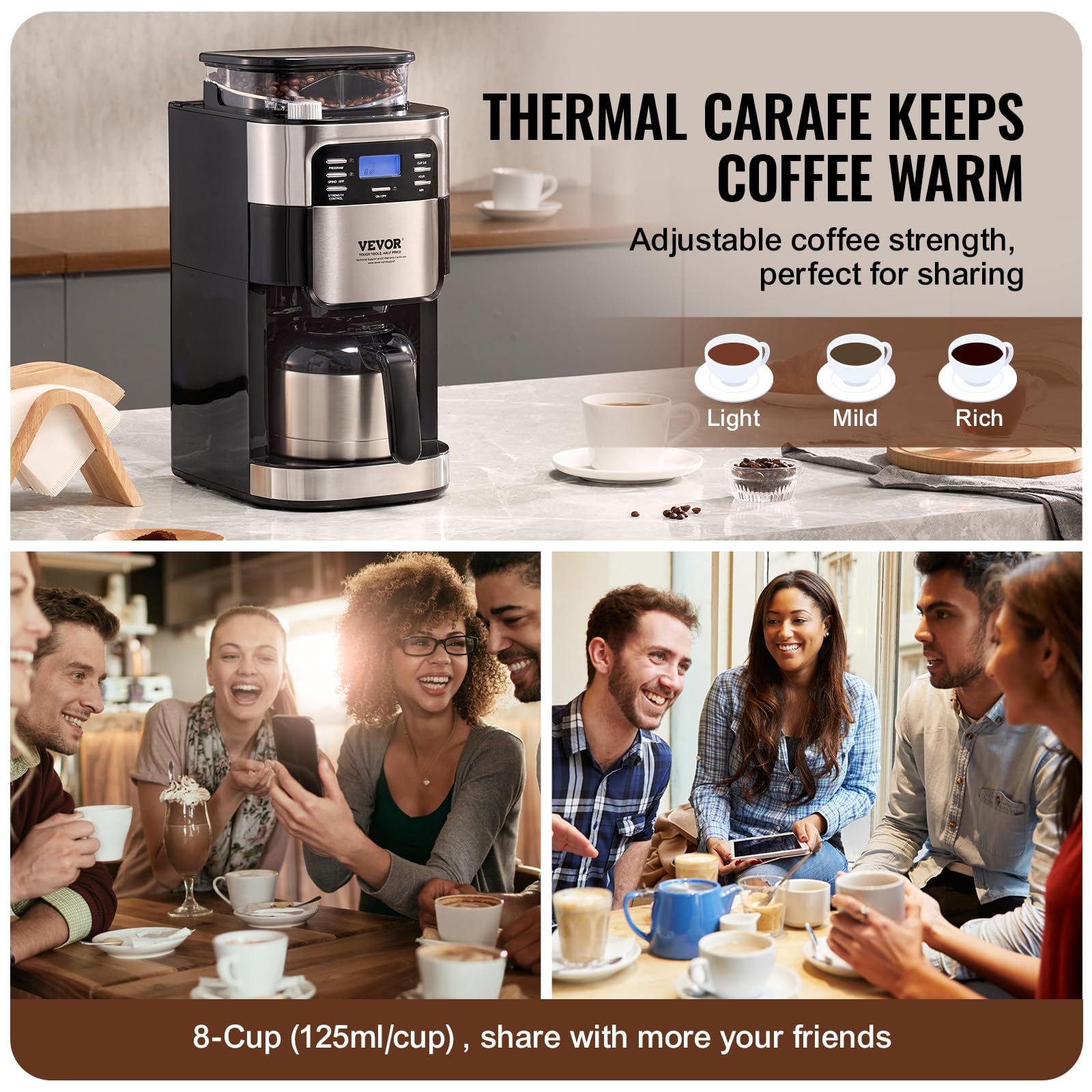 VEVOR 8 Cup Coffee Maker with Built-in Grinder, 3 Brew Strength Control & 24-Hour Auto Brew Timer - Perfect for Home, Office, and Restaurant Use