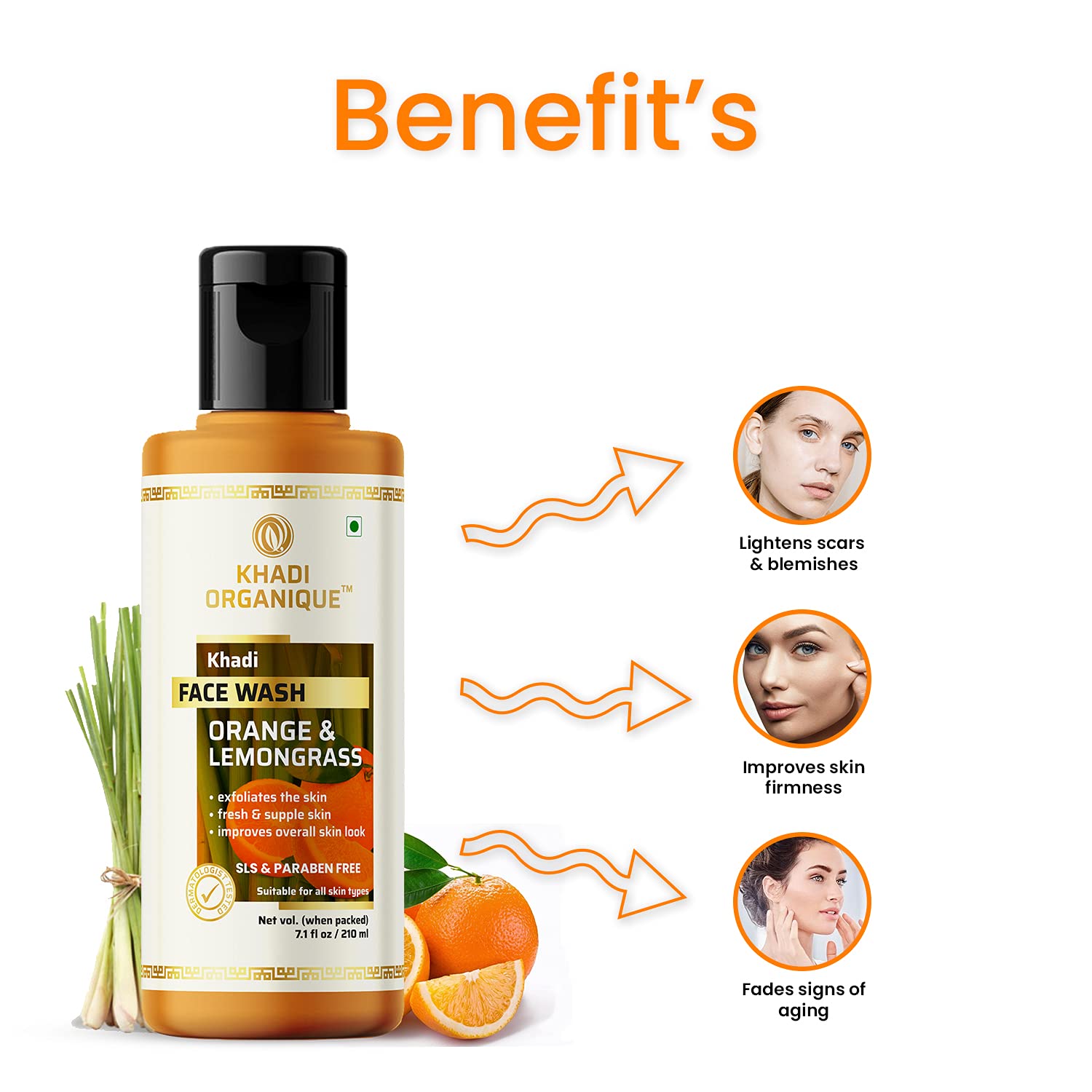 **Khadi Organique Orange & Lemongrass Natural Face Wash – SLS & Paraben Free, Vegan & Cruelty-Free – Gentle Cleansing for Glowing Skin – Pack of 1 – Perfect for Daily Skincare Routine**