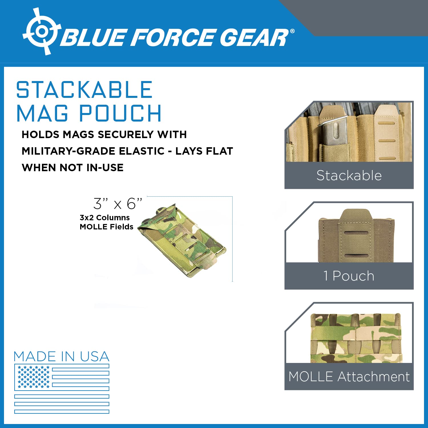 Blue Force Gear MOLLE Single Stack Magazine Pouch - Stackable Airsoft Magazines Holder (3 x 6 Inches) - Tactical Gear for Airsoft, Hunting & Outdoor Adventures