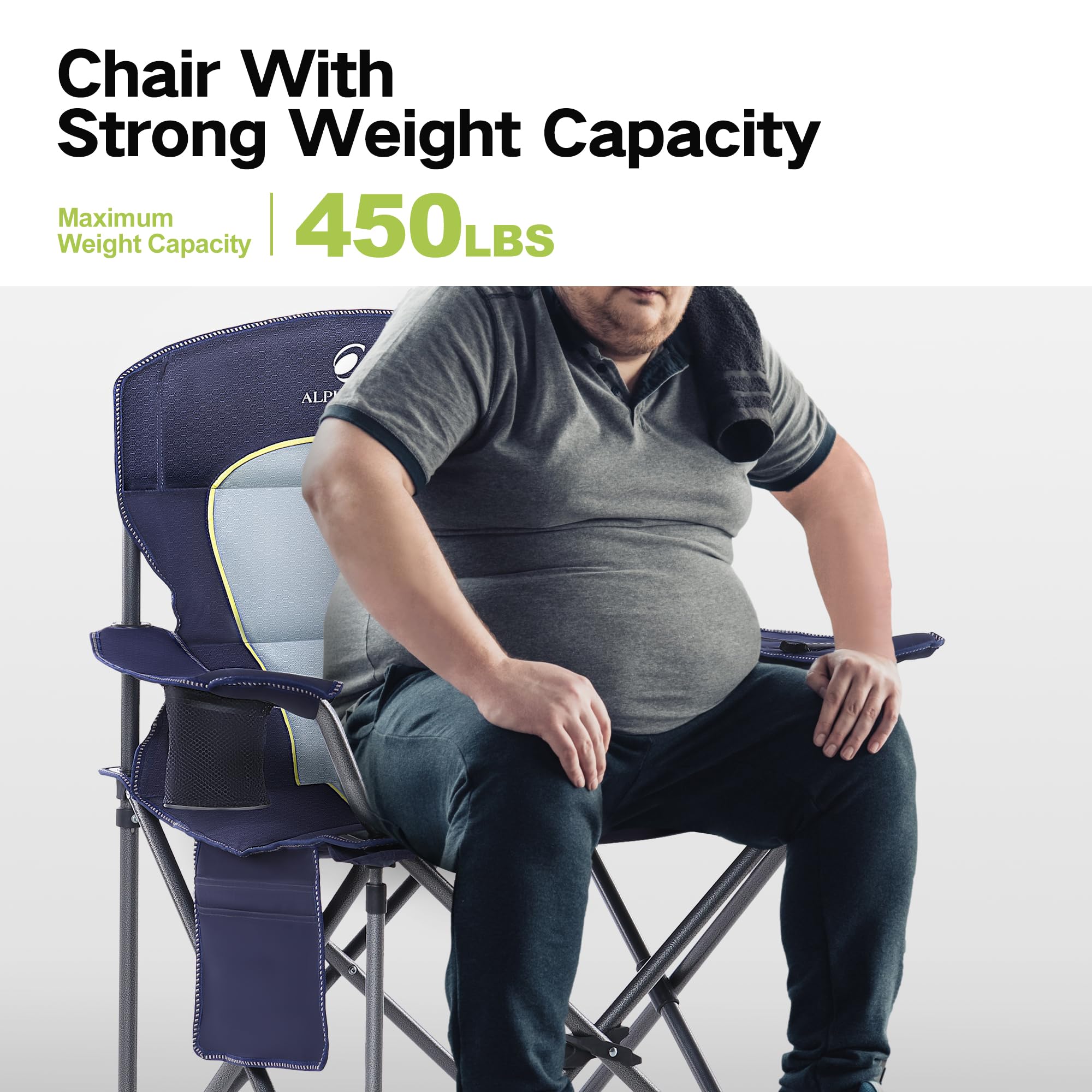 GREEN PARTY Heavy Duty Folding Camping Chair with Cooler Bag - Oversized Padded Outdoor Armchair with Cup Holder & Storage Pocket - Portable Collapsible Lawn Chair for Backyard, Beach, Picnic & Tailgating