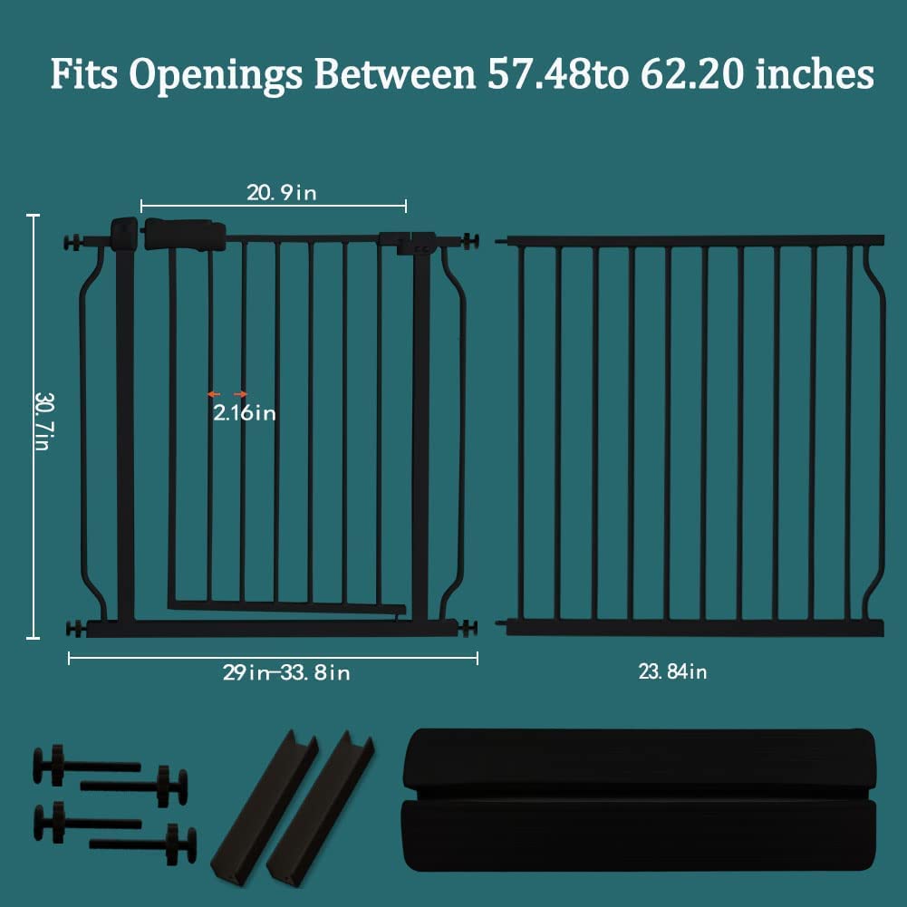 ALLAIBB 58-62 Inch Extra Wide Baby Gate (57.5-62.2 Inch Adjustable) - Auto Close Black Metal Safety Gate for Stairs, Doorways, Kitchen & Living Room - Child & Pet Proof Walk Through Gate - Perfect for Homes with Toddlers and Dogs