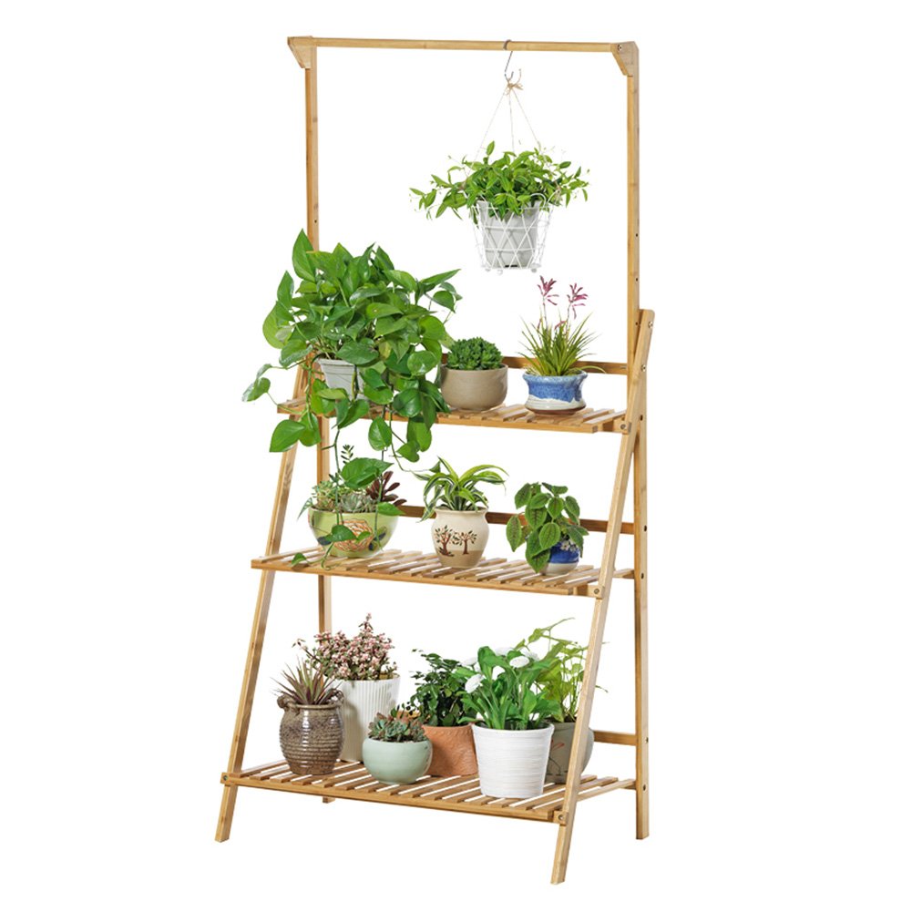 3-Tier Foldable Wooden Plant Stand - Hanging Flower Pot Rack for Indoor/Outdoor Plants - 70×40×96cm Floor-Standing Display Shelf - Perfect for Living Room, Balcony, Garden Decor (Wood Color)