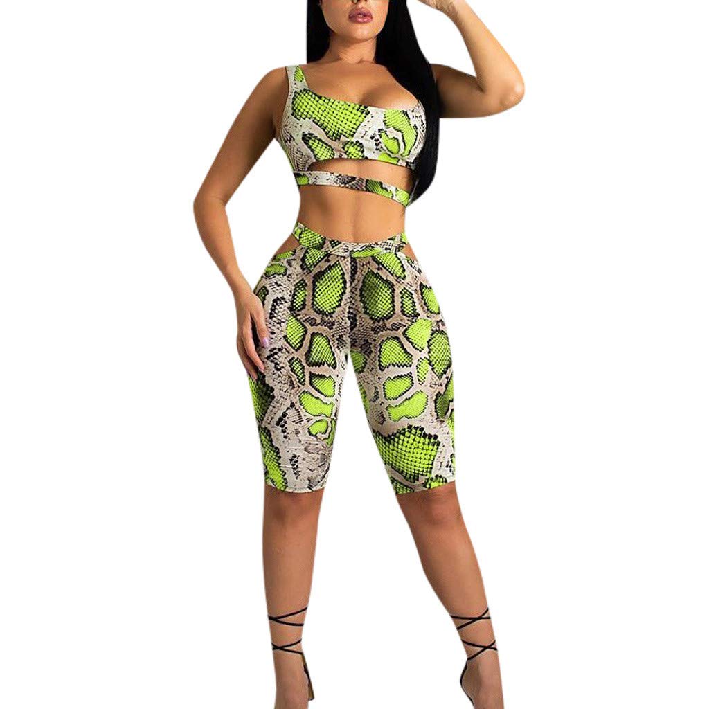 Women's 2-Piece Workout Sets - High Waist Yoga Capris & Sports Bra Tracksuit, Snakeskin Print Summer Outfits | Gym, Yoga, Running & Casual Wear