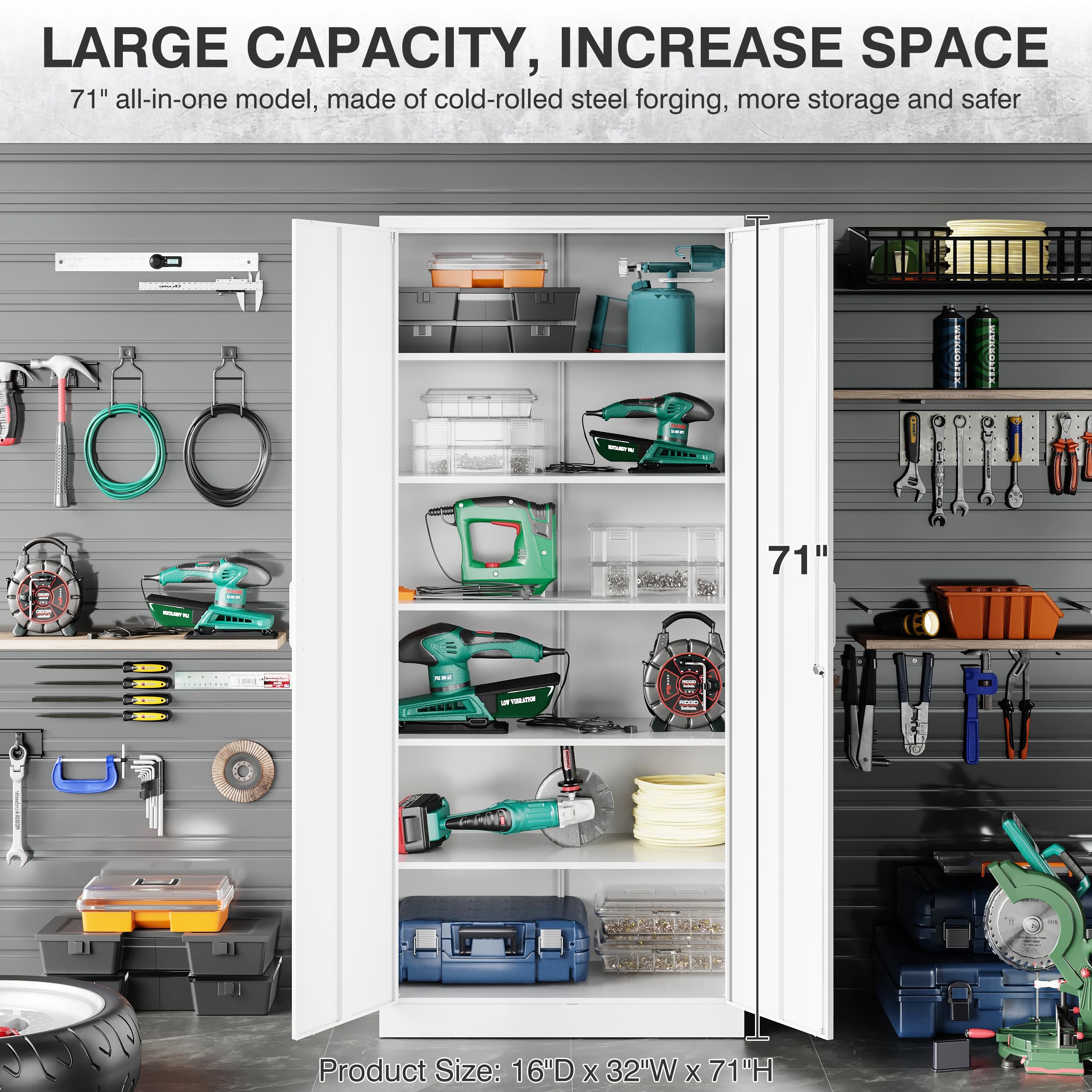 White Metal Storage Cabinet with 5 Adjustable Shelves & Locking Doors - 71