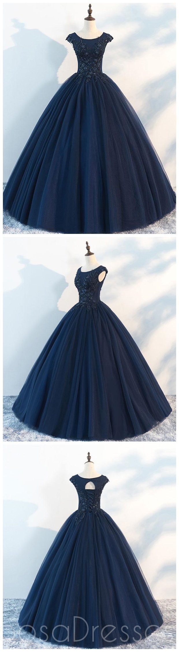 Elegant Navy Cap Sleeves Ball Gown Tulle Long Evening Prom Dress for Women - Custom Sweet 16 Dresses for Formal Events, Homecoming, Quinceañera & Special Occasions