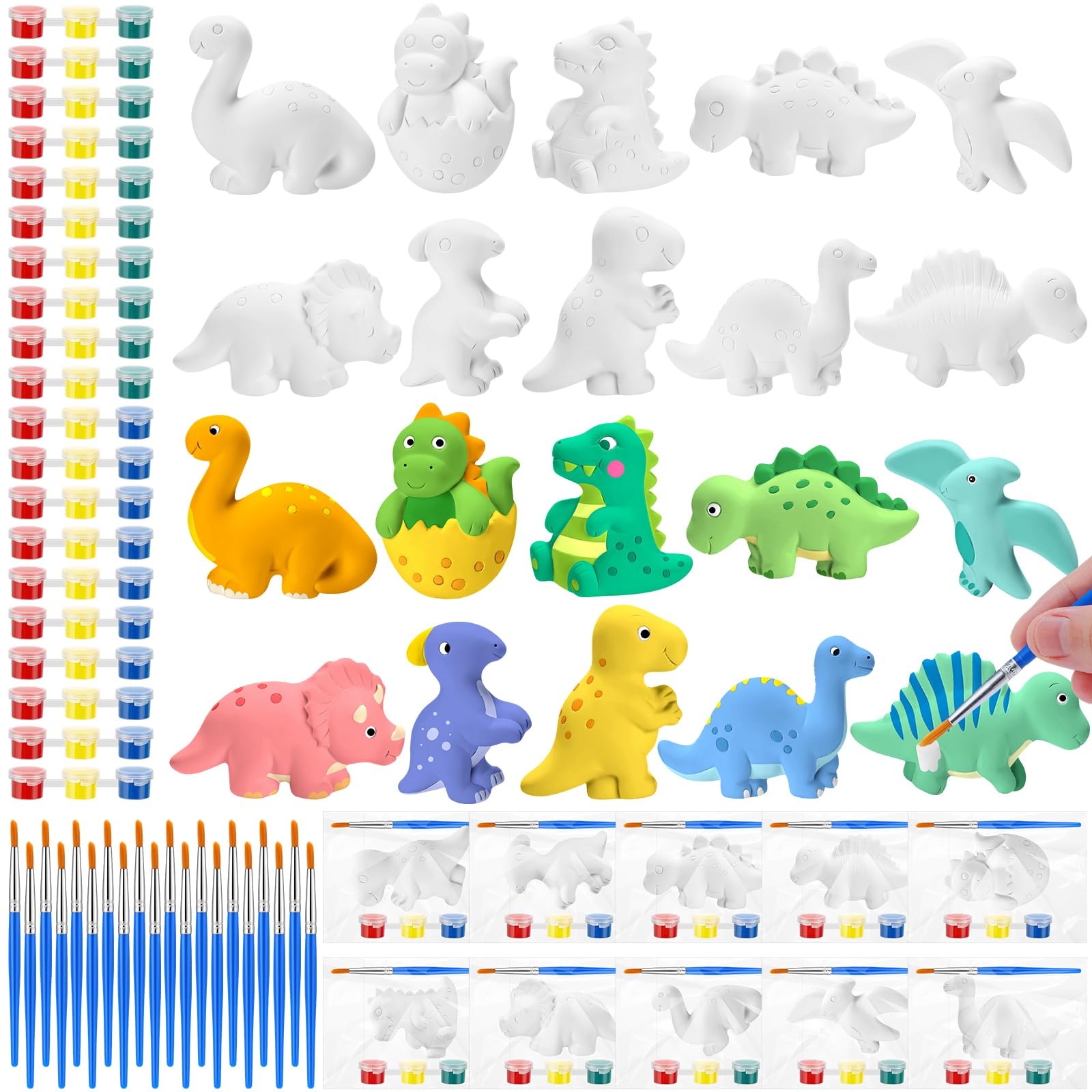 20-Piece Dinosaur DIY Painting Kit - Unpainted Ceramic Dinosaur Statues with Acrylic Paints & Brushes - Creative Arts & Crafts Activity for Kids, Boys, Girls & Adults - Perfect for Birthday Parties, Classroom Projects & Family Bonding Time